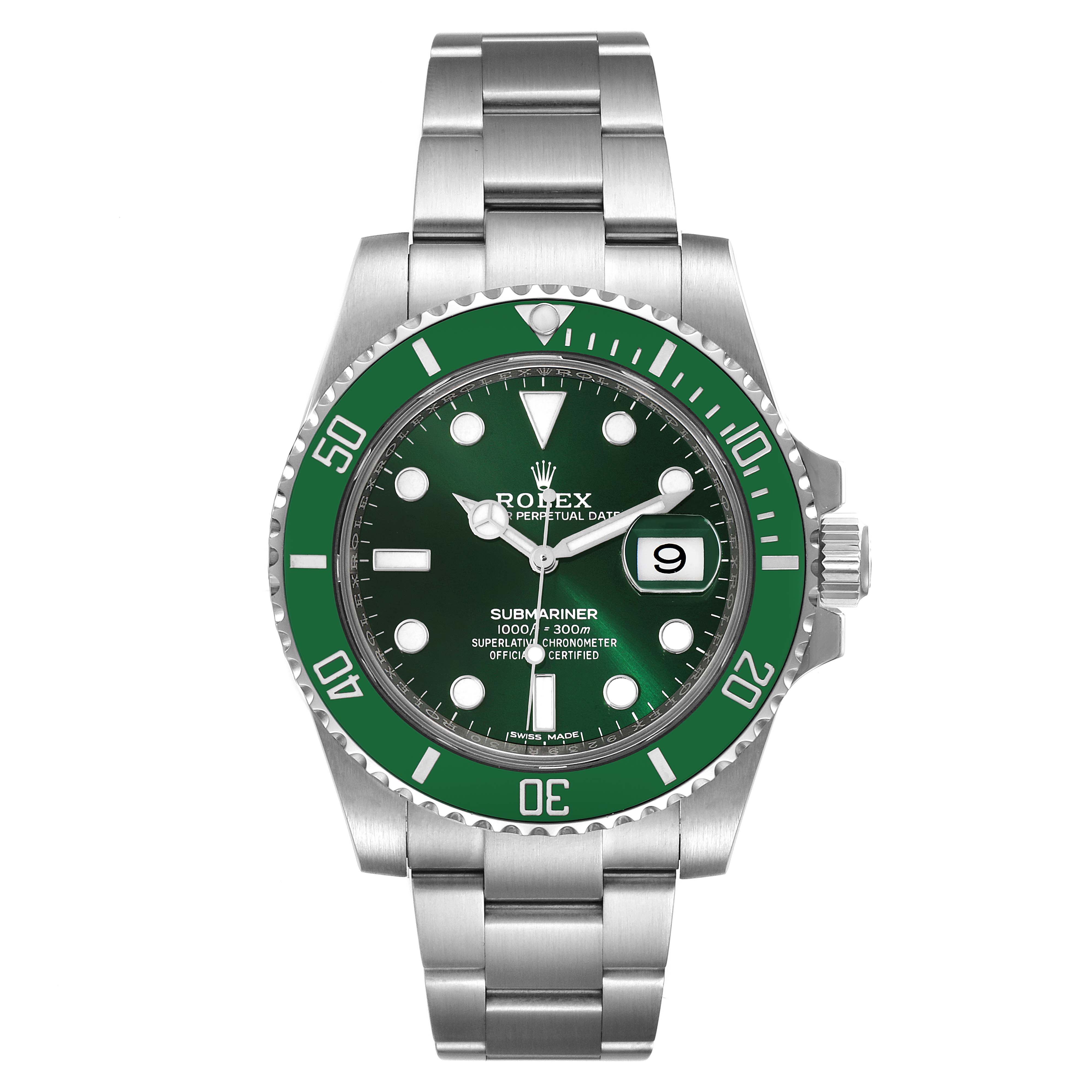 The image shows a front view of a Rolex Submariner 116610LV Men
s Stainless Steel Green Dial 116610LV Men
s Stainless Steel Green Dial watch, featuring its green bezel, dial, and metal bracelet.
