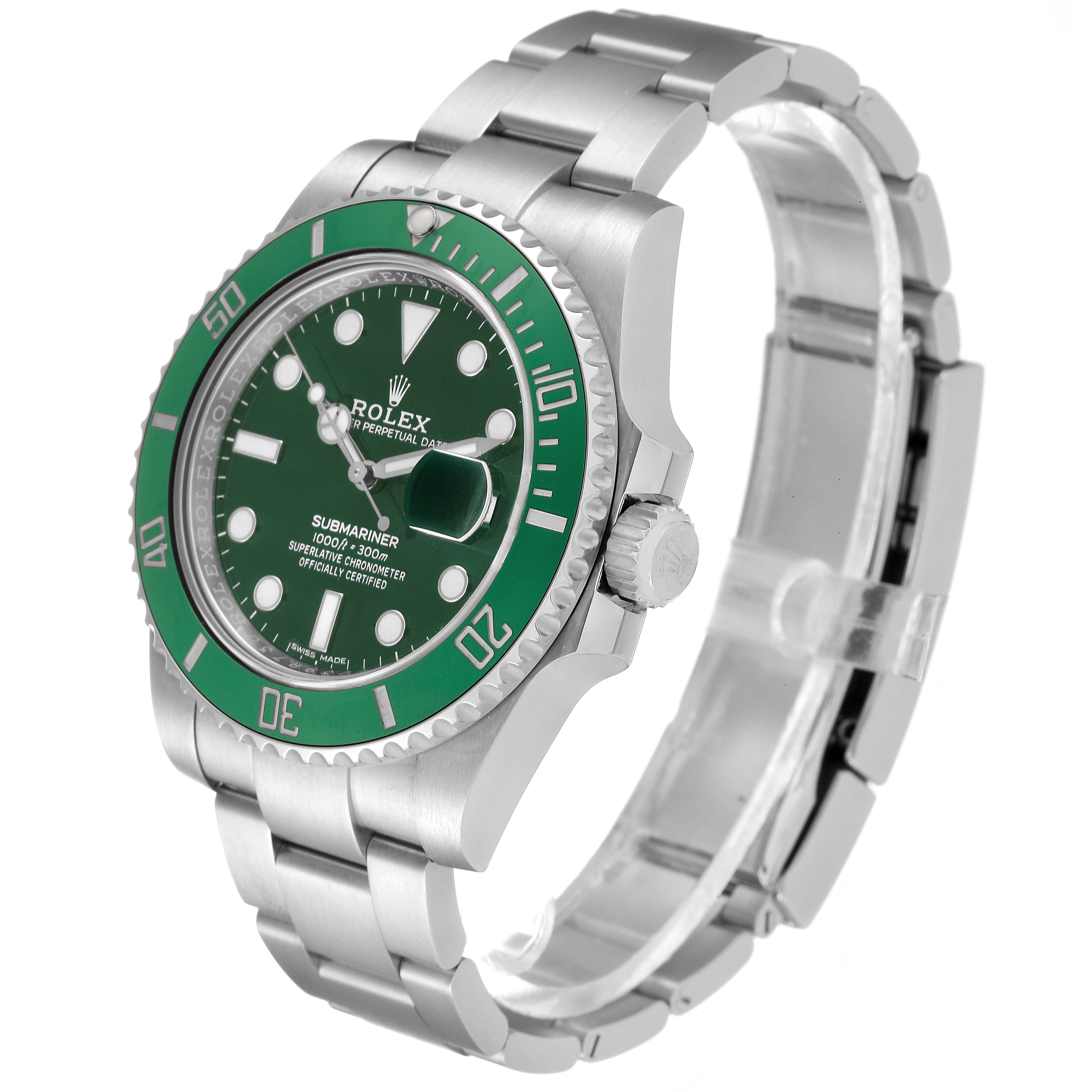 The image shows a side and front angle of a Rolex Submariner 116610LV Men
s Stainless Steel Green Dial 116610LV Men
s Stainless Steel Green Dial watch, highlighting its green bezel and bracelet.