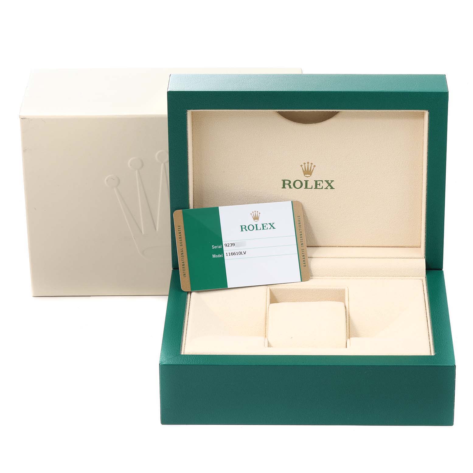 The image shows the packaging and certification card of the Rolex Submariner 116610LV Men
s Stainless Steel Green Dial 116610LV Men
s Stainless Steel Green Dial watch model.