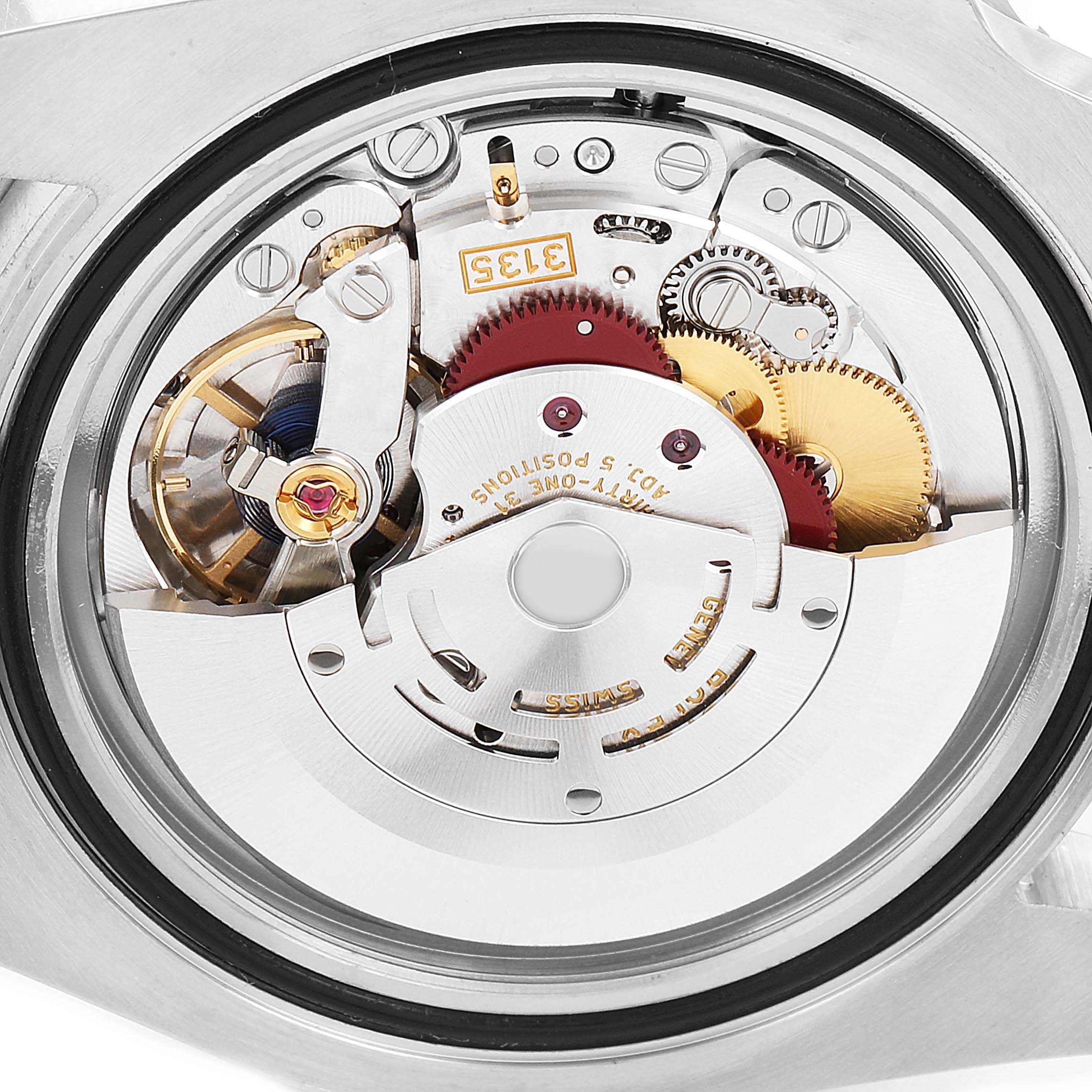 This image shows a close-up view of the movement inside a Rolex Submariner 116610LV Men
s Stainless Steel Green Dial 116610LV Men
s Stainless Steel Green Dial watch, highlighting its intricate mechanical parts.