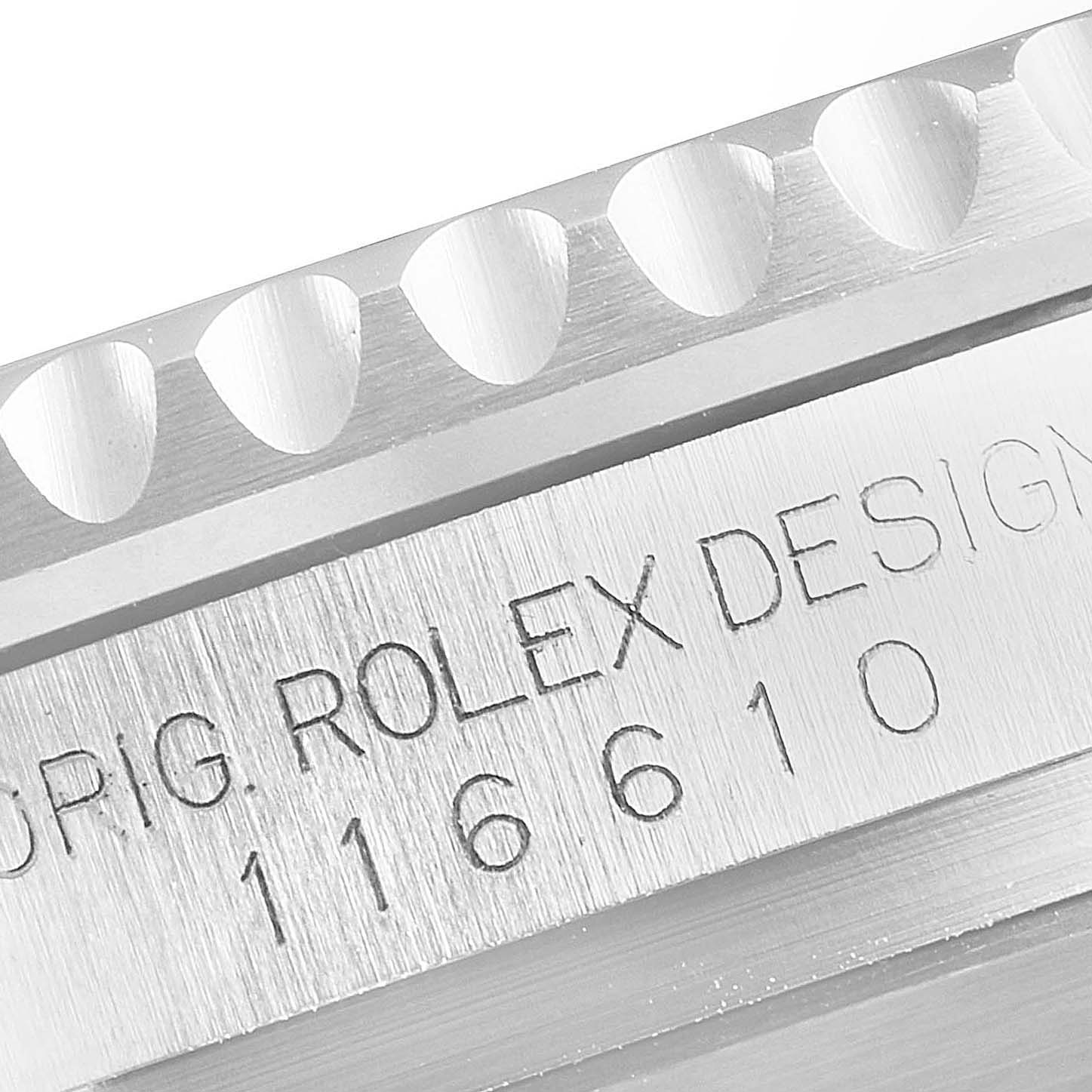 The image shows an engraved side view of the bezel and case of a Rolex Submariner 116610LV Men
s Stainless Steel Green Dial 116610LV Men
s Stainless Steel Green Dial watch with model number 116610.