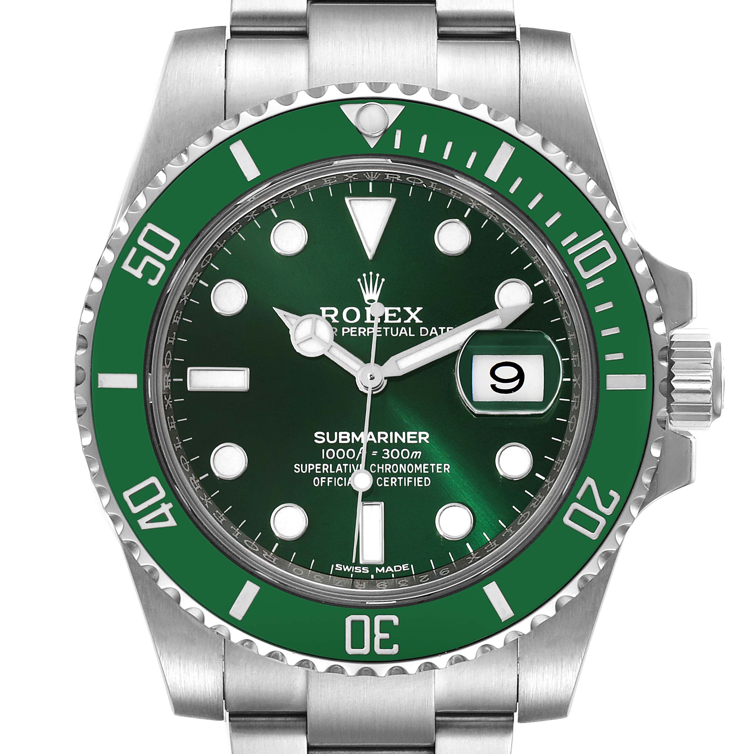 The image shows a front view of a Rolex Submariner 116610LV Men
s Stainless Steel Green Dial 116610LV Men
s Stainless Steel Green Dial watch featuring a green bezel and dial with a date display.