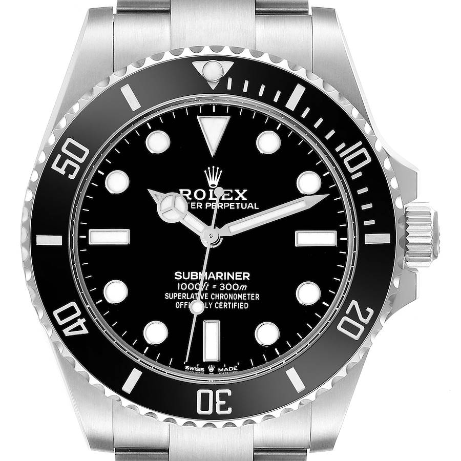 The image shows a front view of a Rolex Submariner watch, highlighting the dial, bezel, crown, and bracelet.