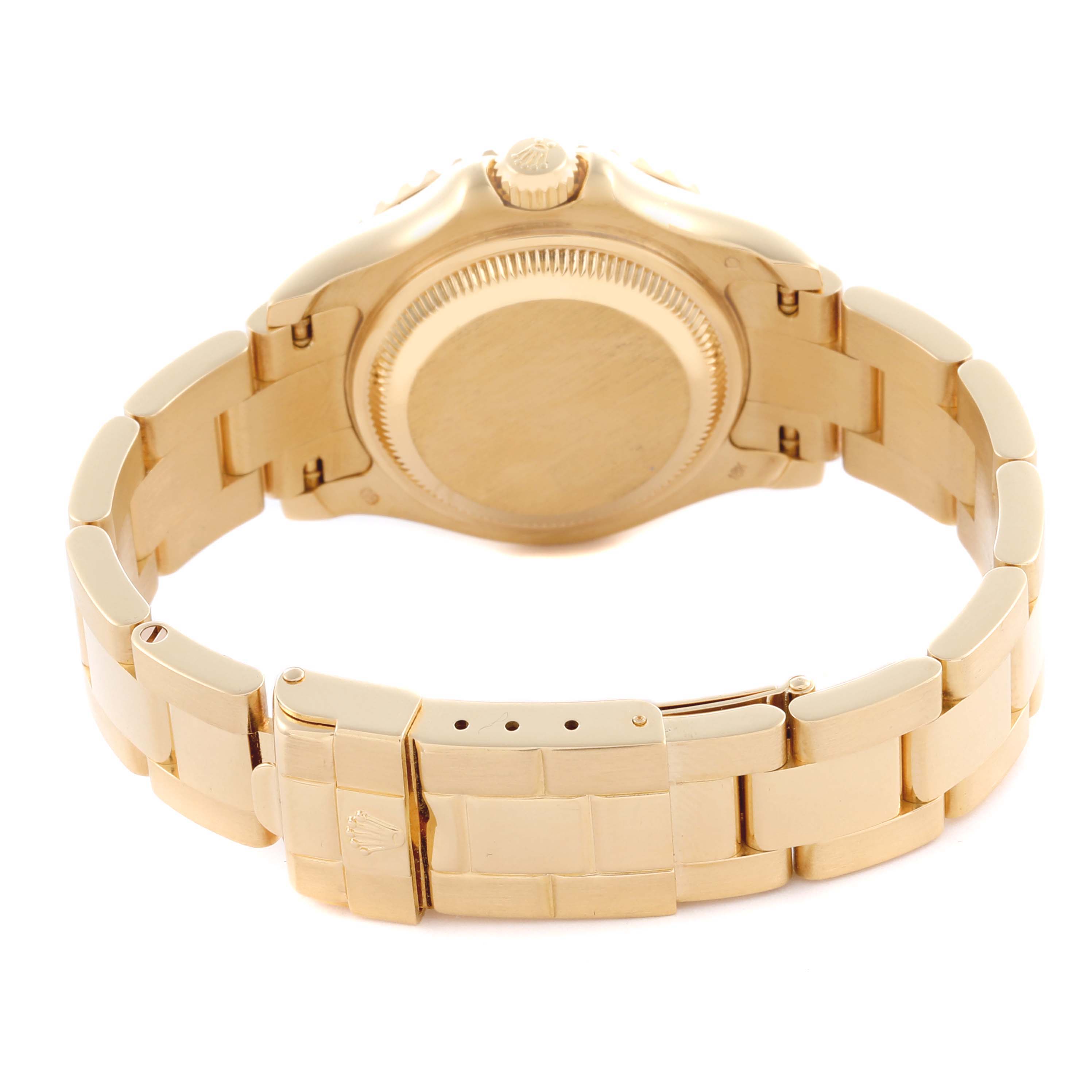 The image shows the back case and bracelet clasp of a Rolex Yacht-Master 169628 Women's Yellow Gold Grey Dial 169628 Women's Yellow Gold Grey Dial watch from a rear angle.