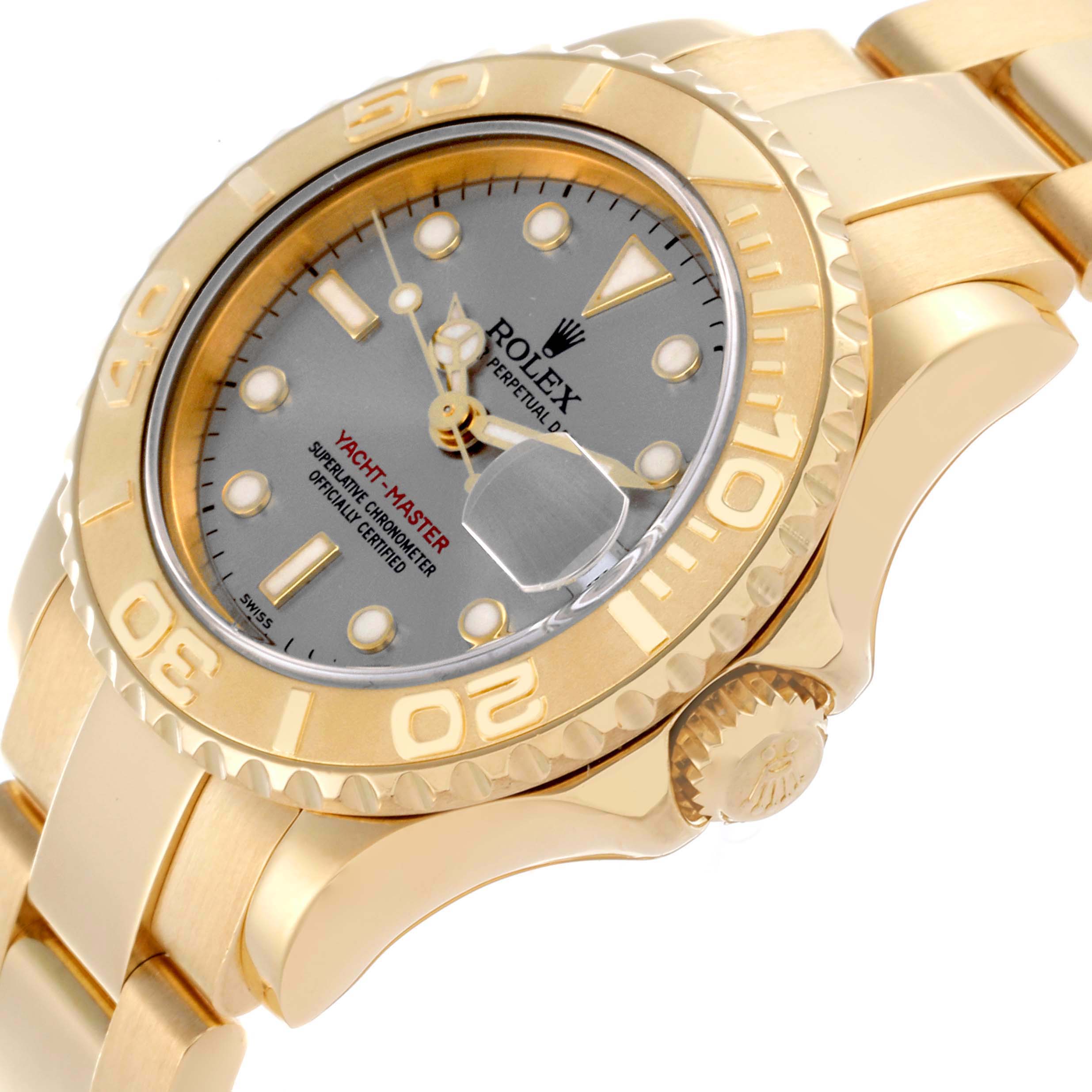 The Rolex Yacht-Master 169628 Women's Yellow Gold Grey Dial 169628 Women's Yellow Gold Grey Dial watch is shown at a slight angle, highlighting the face, bezel, crown, and bracelet.