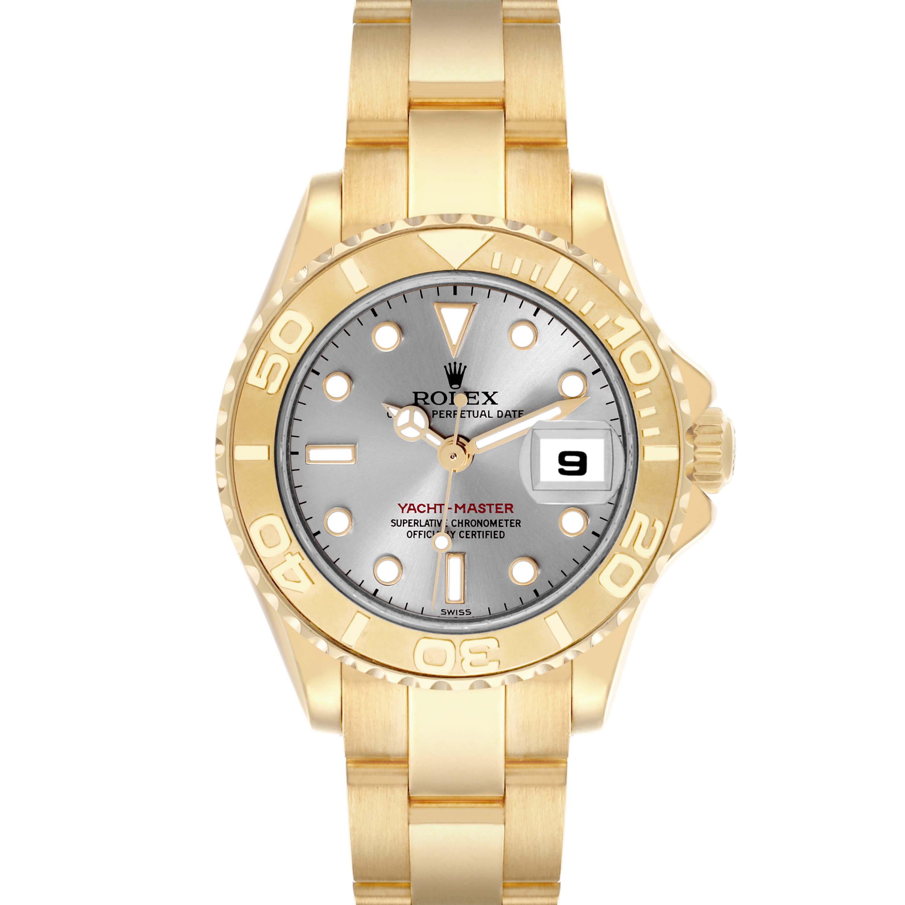 The image shows a front view of the Rolex Yacht-Master 169628 Women's Yellow Gold Grey Dial 169628 Women's Yellow Gold Grey Dial watch, highlighting the gold bezel, dial, and bracelet.