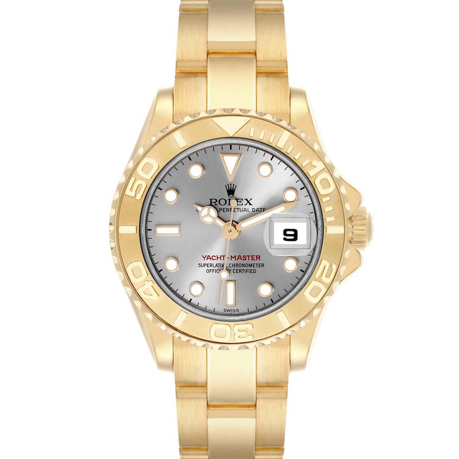 The image shows a front view of the Rolex Yacht-Master watch, highlighting the gold bezel, dial, and bracelet.