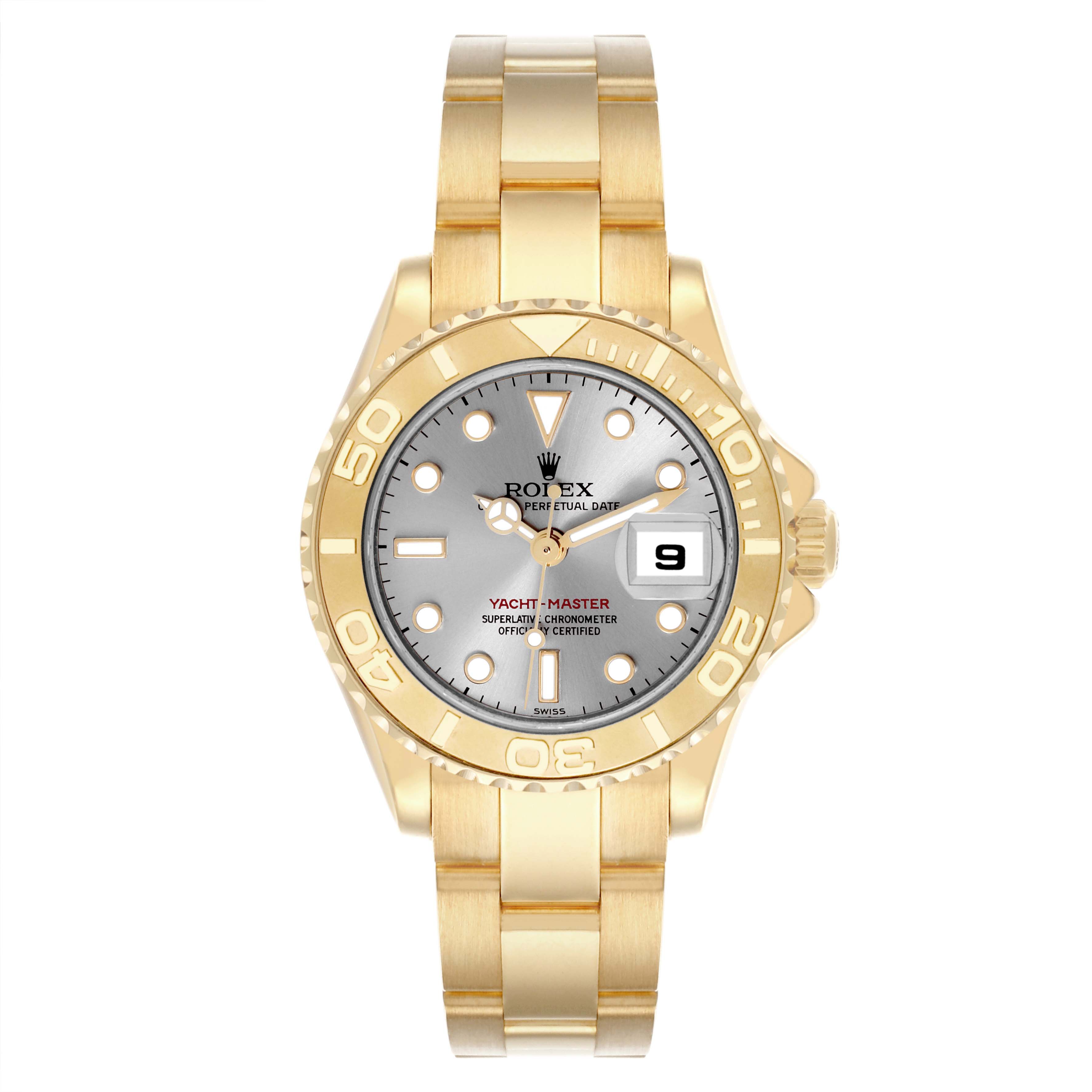 The Rolex Yacht-Master 169628 Women's Yellow Gold Grey Dial 169628 Women's Yellow Gold Grey Dial watch is shown from a top view, displaying the dial, bezel, bracelet, and date window.