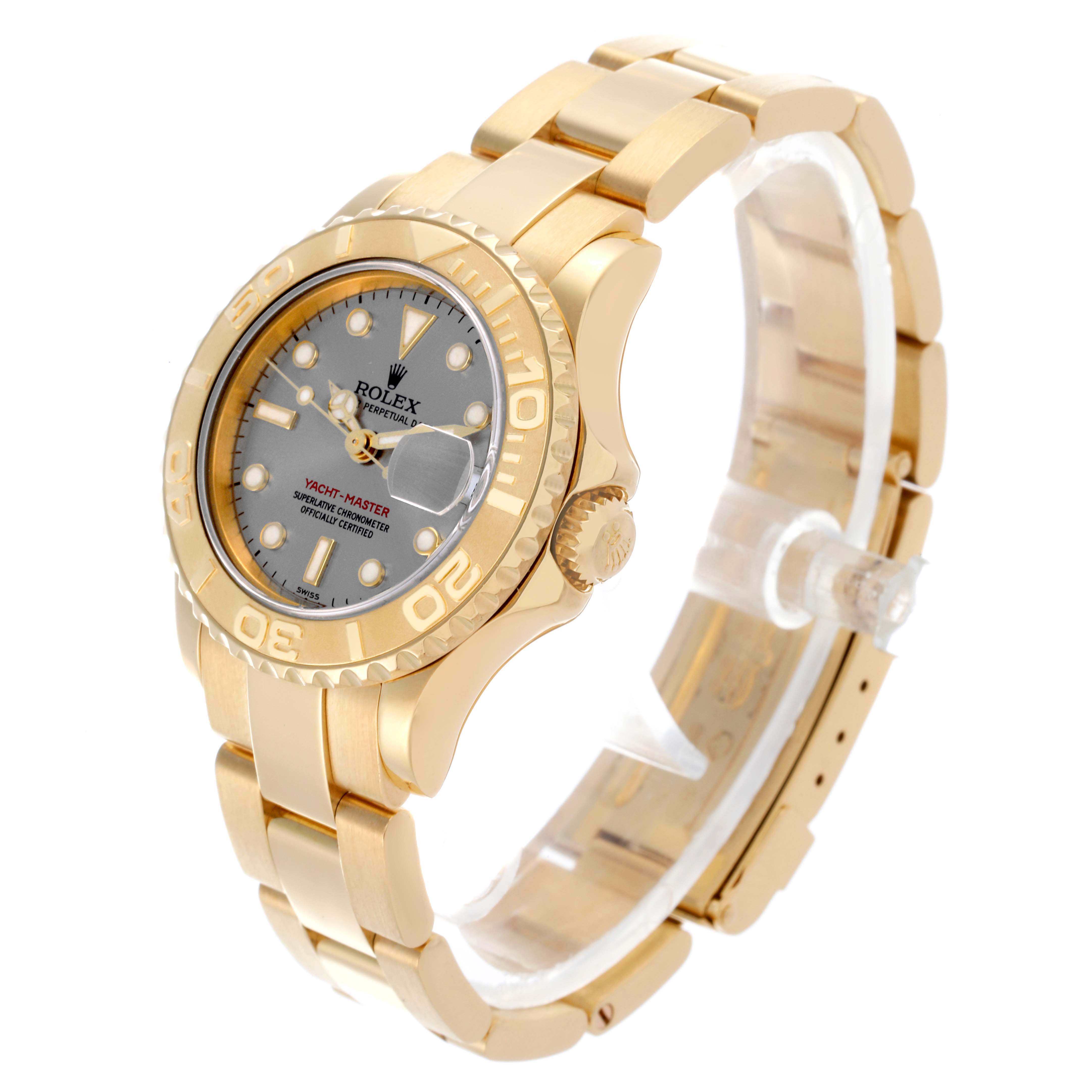 The Rolex Yacht-Master 169628 Women's Yellow Gold Grey Dial 169628 Women's Yellow Gold Grey Dial watch is shown at a three-quarter angle, displaying the dial, bezel, bracelet, and crown.