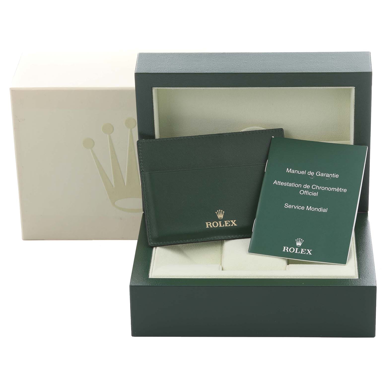 The image shows the Rolex Yacht-Master 169628 Women's Yellow Gold Grey Dial 169628 Women's Yellow Gold Grey Dial packaging, including the box, warranty booklet, and cardholder, from a frontal angle.