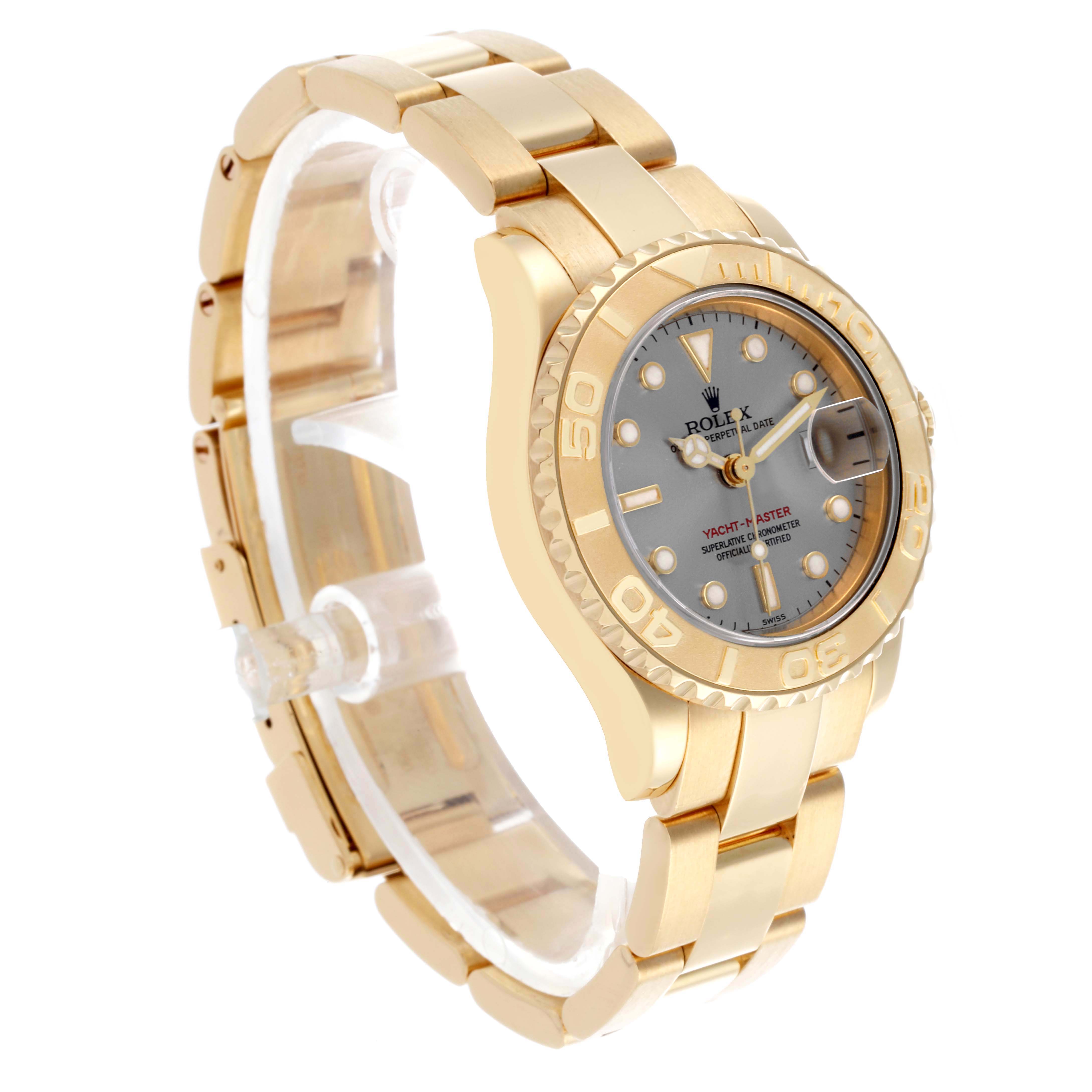 The Rolex Yacht-Master 169628 Women's Yellow Gold Grey Dial 169628 Women's Yellow Gold Grey Dial watch is shown at a three-quarter angle, highlighting the bezel, face, and bracelet.