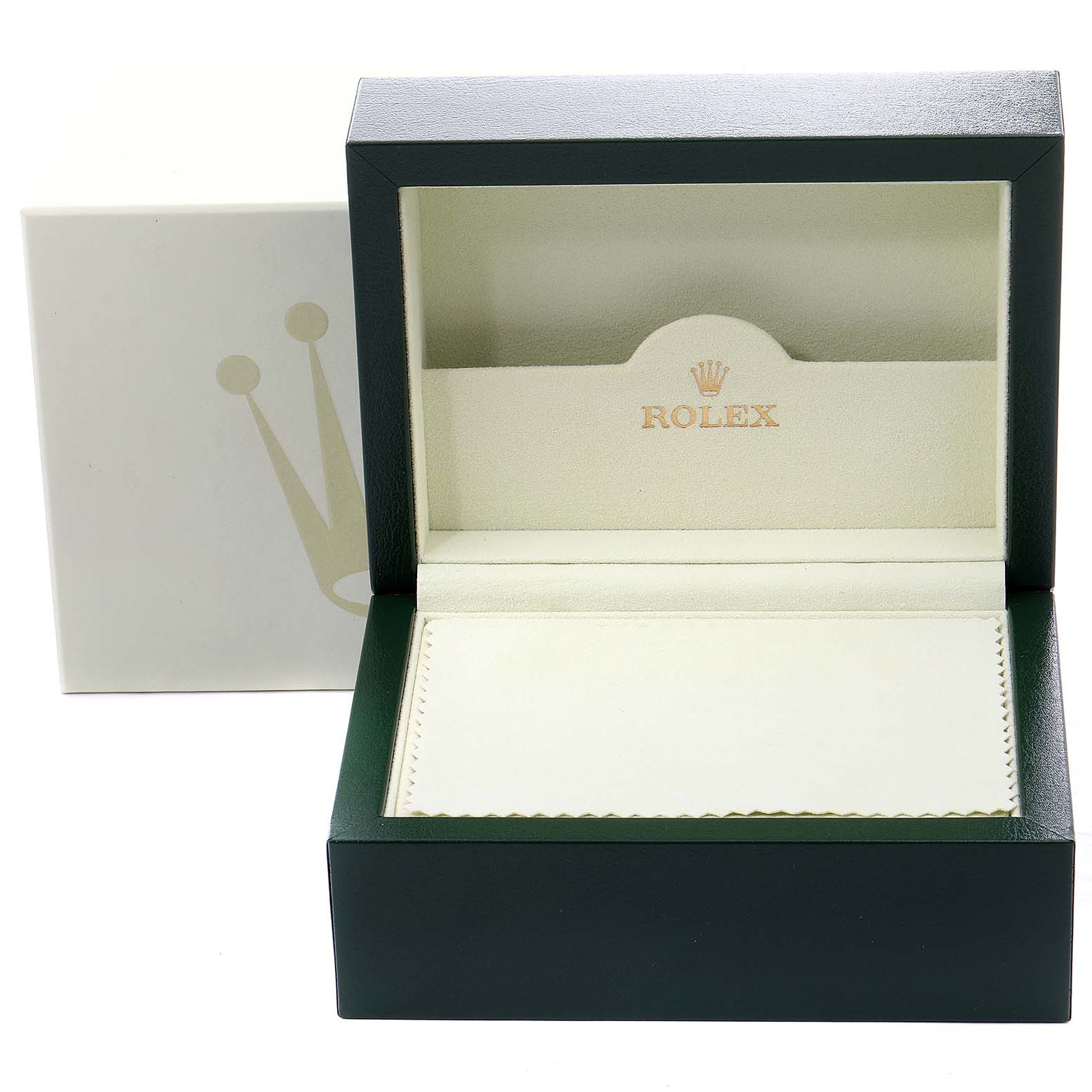The image shows an open Rolex Yacht-Master 168623 Men's Steel and Gold (two tone) White Dial 168623 Men's Steel and Gold (two tone) White Dial watch box with the logo on the inside and the outer box in the background.