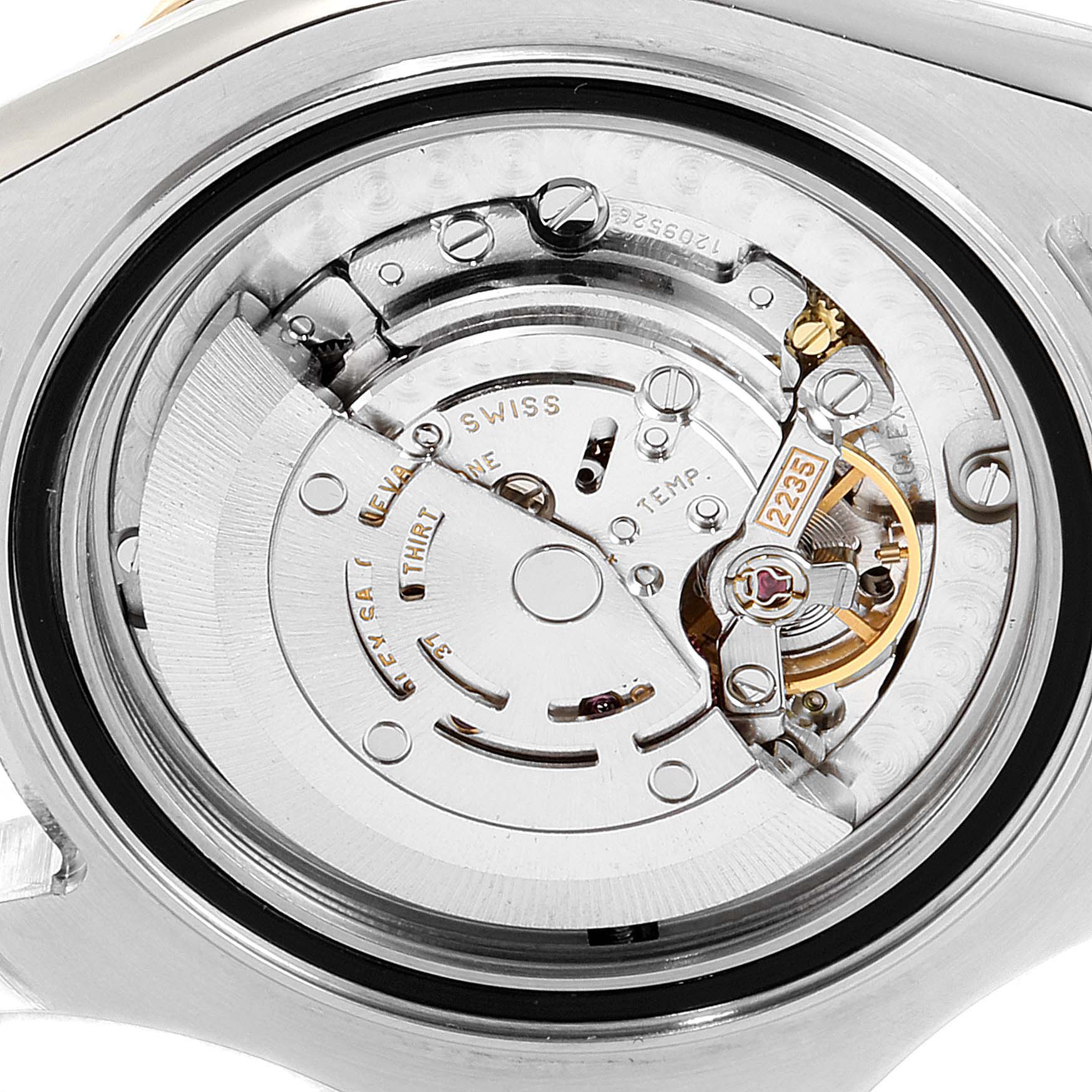 This image shows the internal movement mechanism of a Rolex Yacht-Master 168623 Men's Steel and Gold (two tone) White Dial 168623 Men's Steel and Gold (two tone) White Dial watch from a close-up angle.