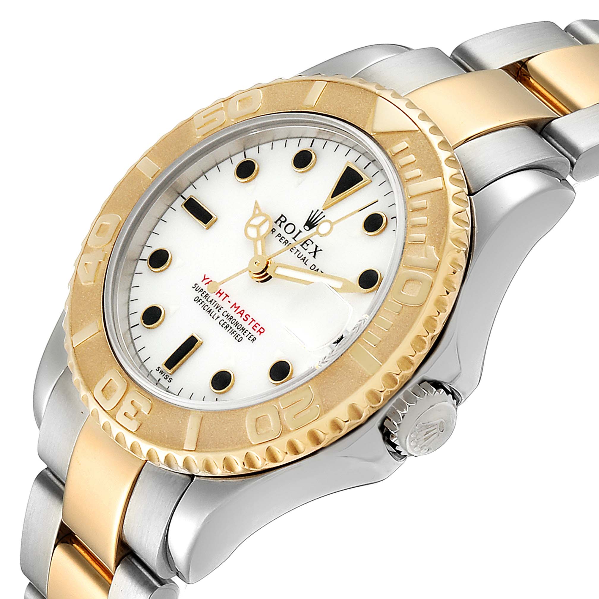 This image shows an angled view of the Rolex Yacht-Master 168623 Men's Steel and Gold (two tone) White Dial 168623 Men's Steel and Gold (two tone) White Dial watch, highlighting its face, bezel, and two-tone bracelet.