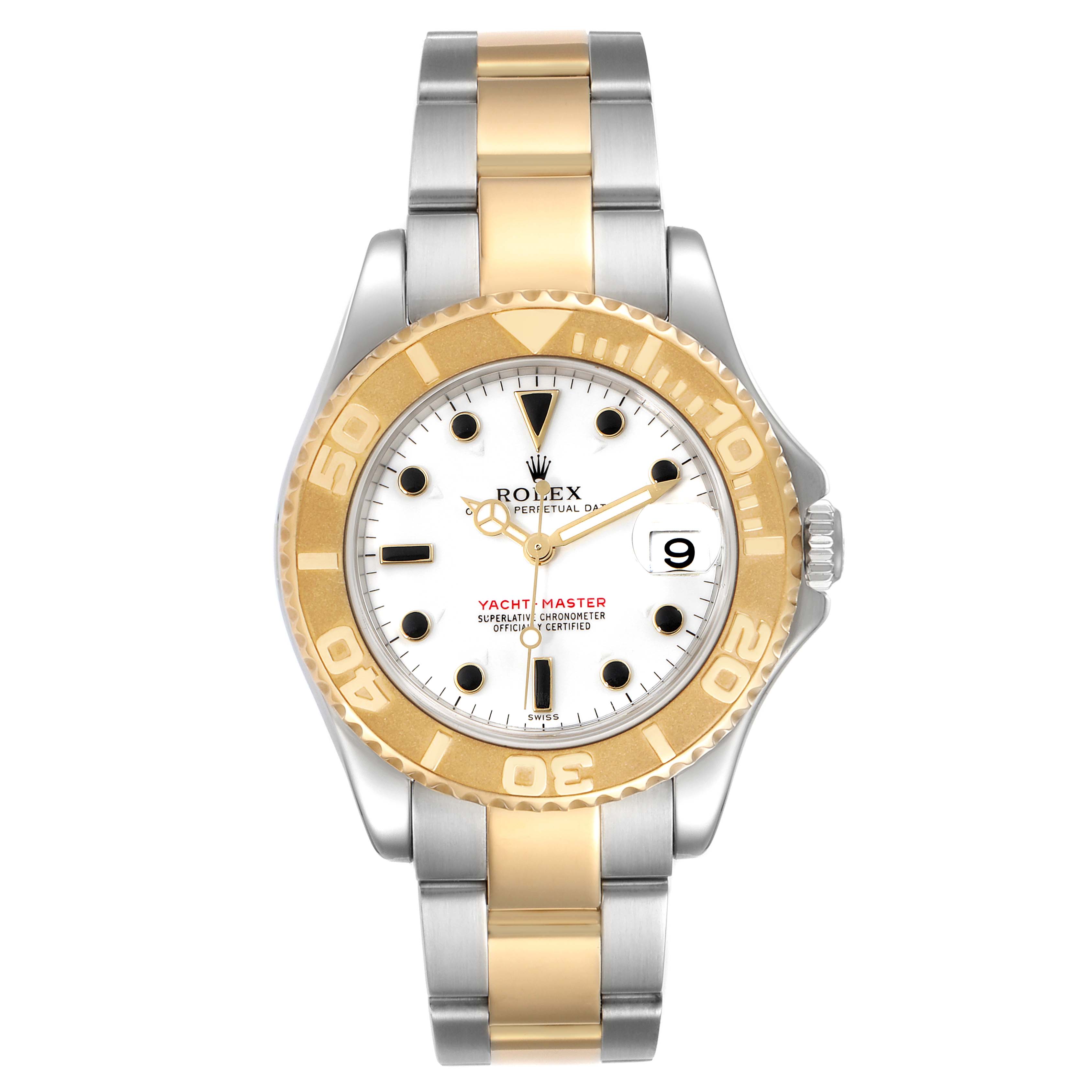 The image shows a front view of the Rolex Yacht-Master 168623 Men's Steel and Gold (two tone) White Dial 168623 Men's Steel and Gold (two tone) White Dial watch, including its two-tone bracelet, crown, bezel, and dial.