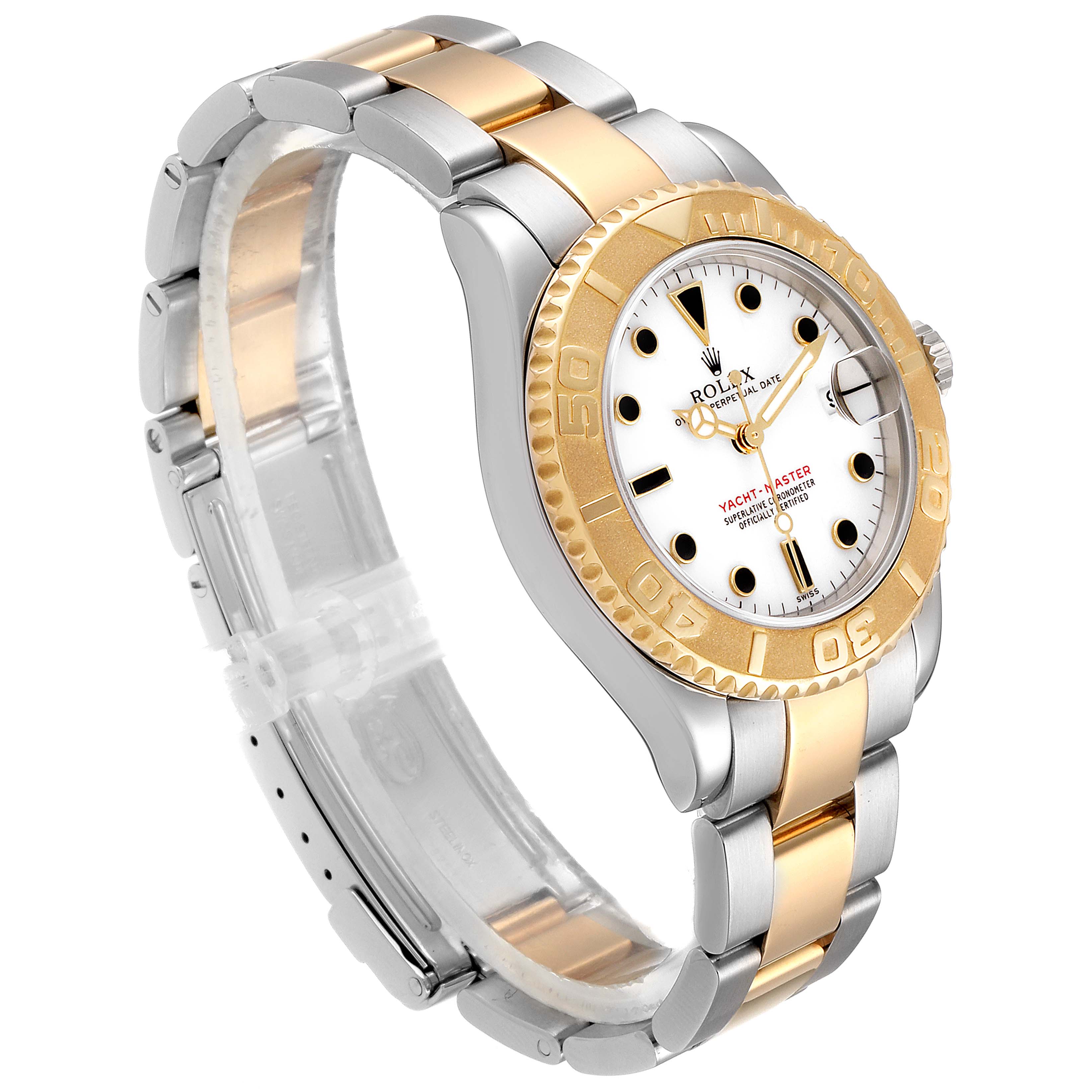 The Rolex Yacht-Master 168623 Men's Steel and Gold (two tone) White Dial 168623 Men's Steel and Gold (two tone) White Dial watch is shown at a slight angle, highlighting the band, bezel, and face.