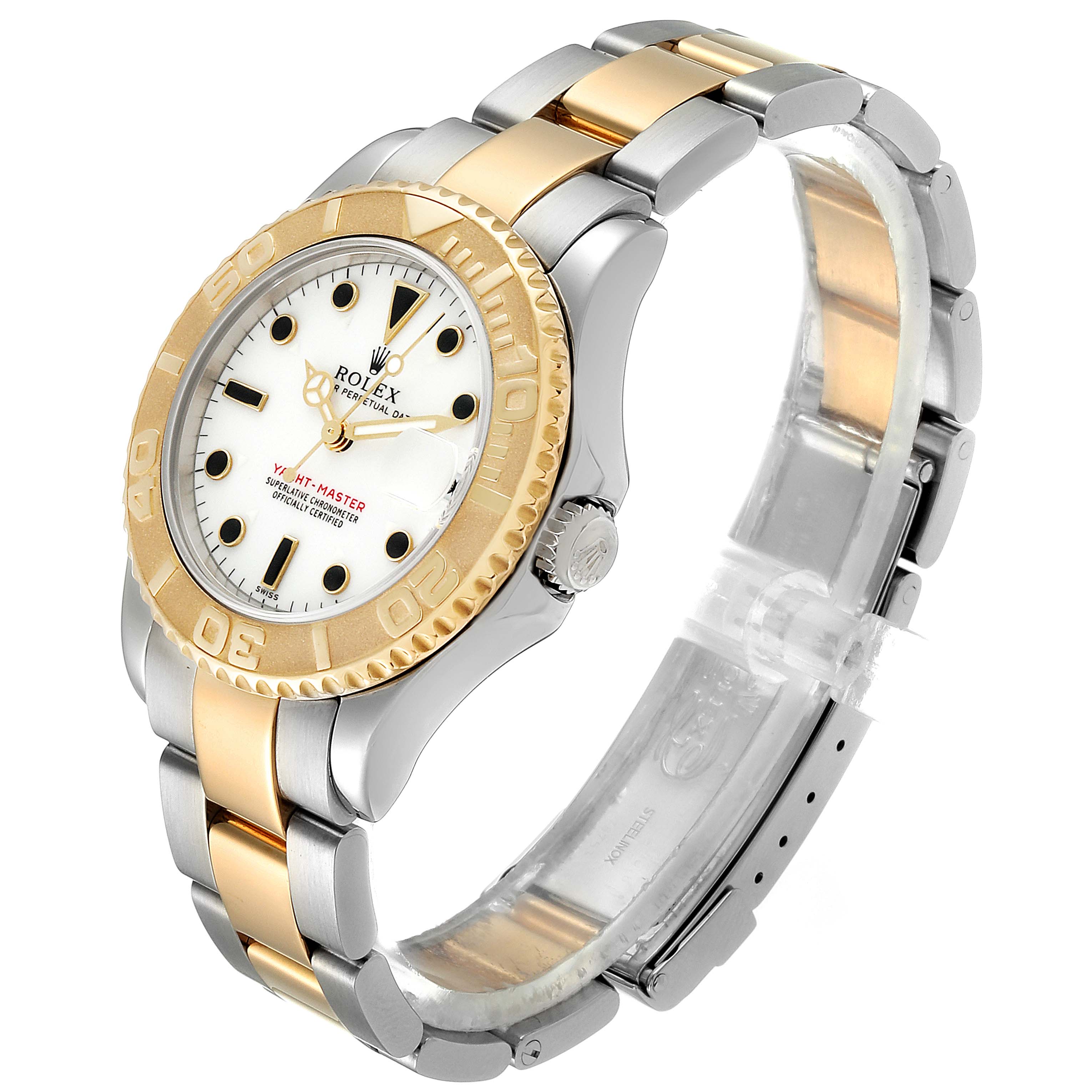 The image shows a Rolex Yacht-Master 168623 Men's Steel and Gold (two tone) White Dial 168623 Men's Steel and Gold (two tone) White Dial watch at a three-quarter angle, highlighting the bezel, dial, crown, and two-tone bracelet.