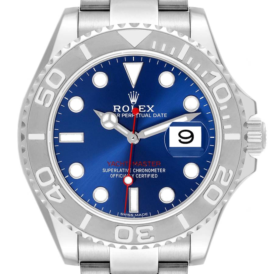 The image shows a front view of the Rolex Yacht-Master watch, highlighting the dial, hour markers, and bezel.