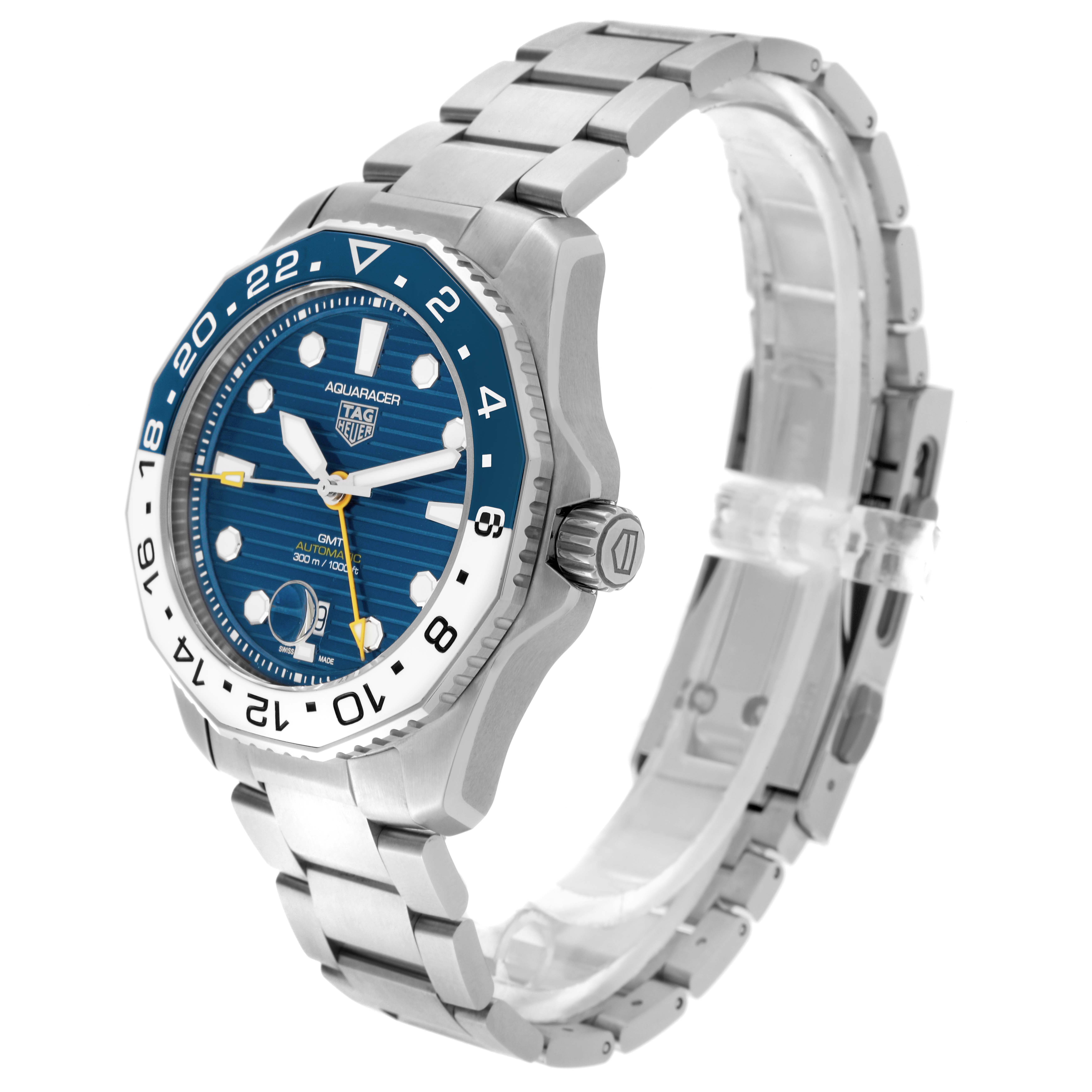 The Tag Heuer Aquaracer WBP2010 Men's Stainless Steel Blue Dial watch is shown at a three-quarter angle, highlighting the bezel, dial, crown, and metal bracelet.