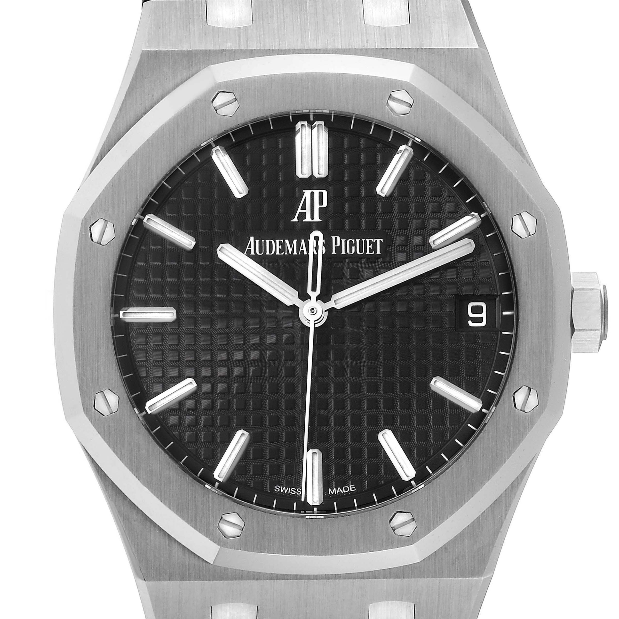 The image shows a front view of the Audemars Piguet Royal Oak 15500ST.OO.1220ST.03 Men's Stainless Steel Black Dial 15500ST.OO.1220ST.03 Men's Stainless Steel Black Dial watch, highlighting its face, bezel, and crown.