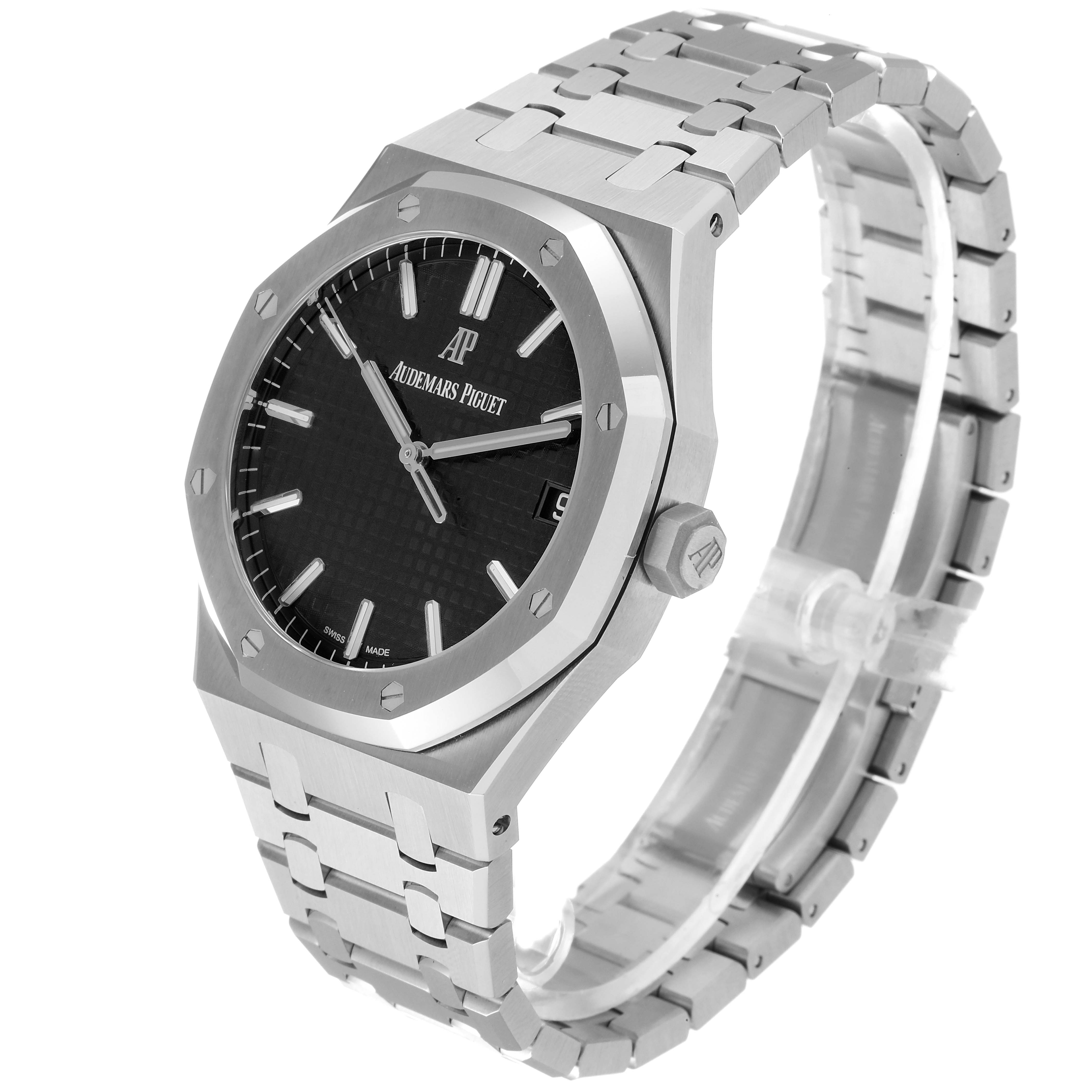 This image shows a side angle of the Audemars Piguet Royal Oak 15500ST.OO.1220ST.03 Men's Stainless Steel Black Dial 15500ST.OO.1220ST.03 Men's Stainless Steel Black Dial model, highlighting its case, bezel, dial, and bracelet.