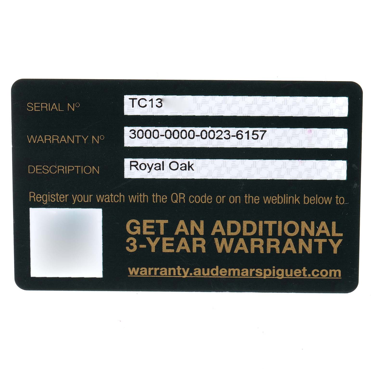 The image shows a warranty card for the Royal Oak model by Audemars Piguet, featuring serial and warranty numbers.