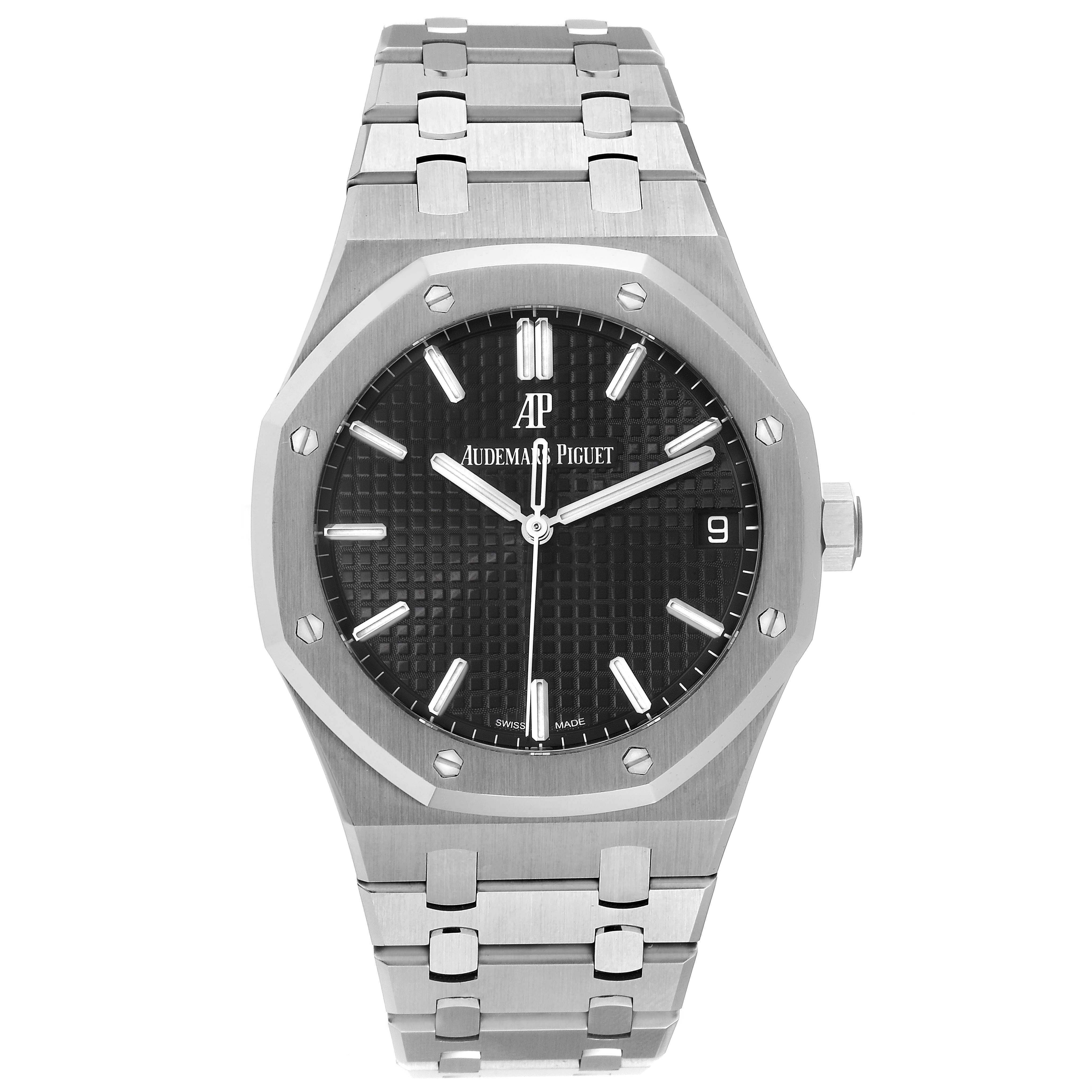 The image shows a front view of the Audemars Piguet Royal Oak 15500ST.OO.1220ST.03 Men's Stainless Steel Black Dial 15500ST.OO.1220ST.03 Men's Stainless Steel Black Dial watch, displaying the face, bezel, and bracelet.