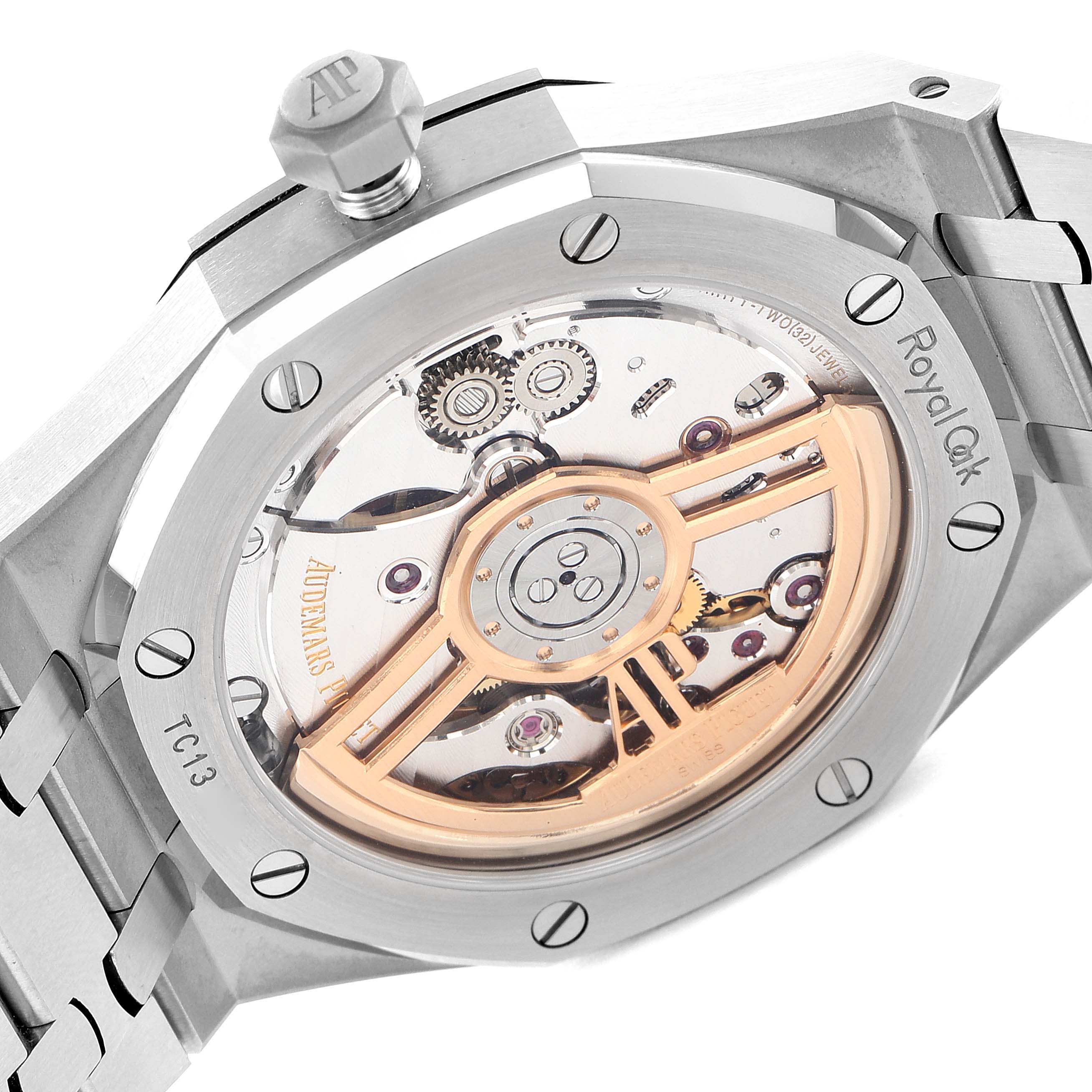 This image shows the back view of an Audemars Piguet Royal Oak 15500ST.OO.1220ST.03 Men's Stainless Steel Black Dial 15500ST.OO.1220ST.03 Men's Stainless Steel Black Dial model, highlighting its intricate mechanical movement.