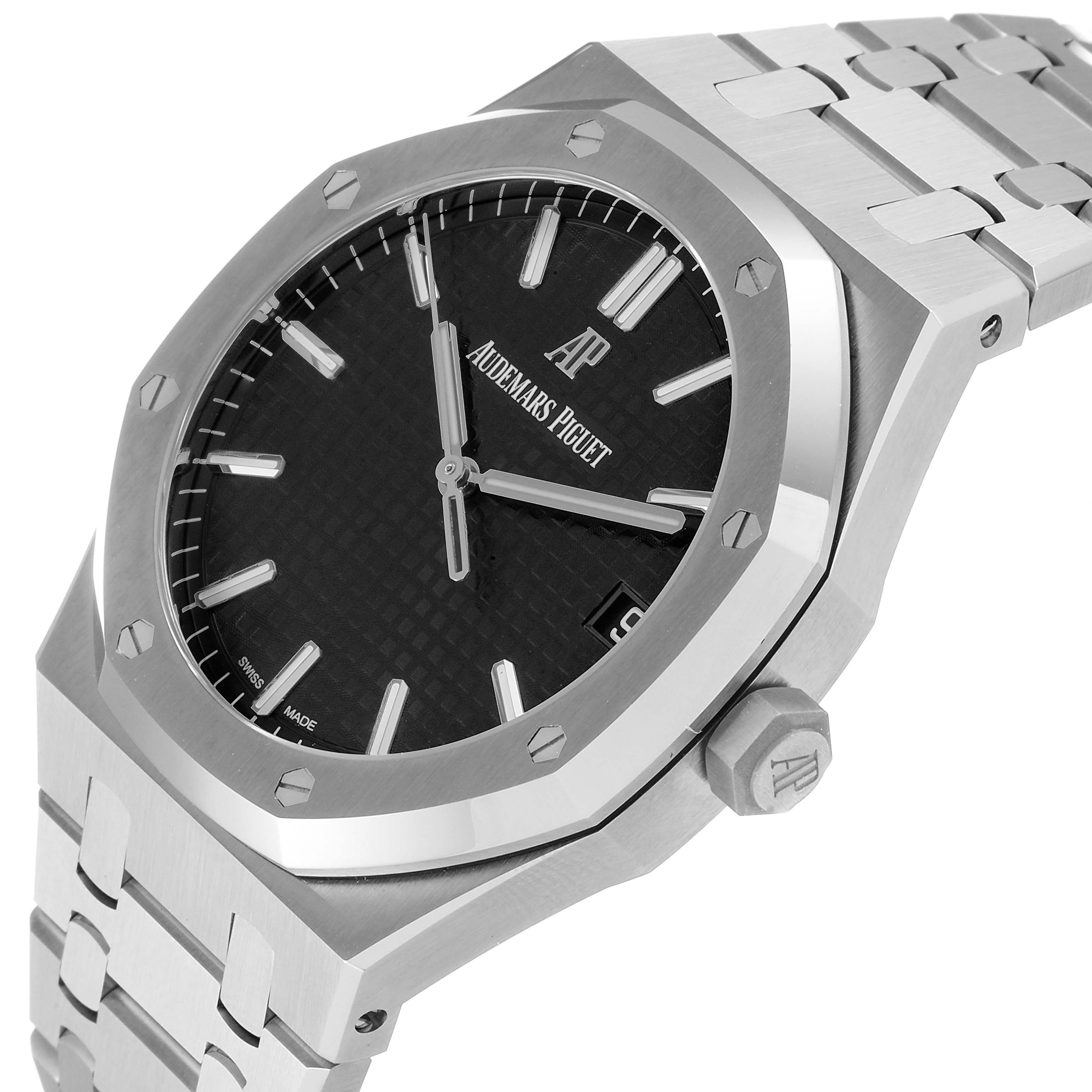 This image shows a close-up angle of the Audemars Piguet Royal Oak 15500ST.OO.1220ST.03 Men's Stainless Steel Black Dial 15500ST.OO.1220ST.03 Men's Stainless Steel Black Dial watch, highlighting the face, bezel, crown, and bracelet.