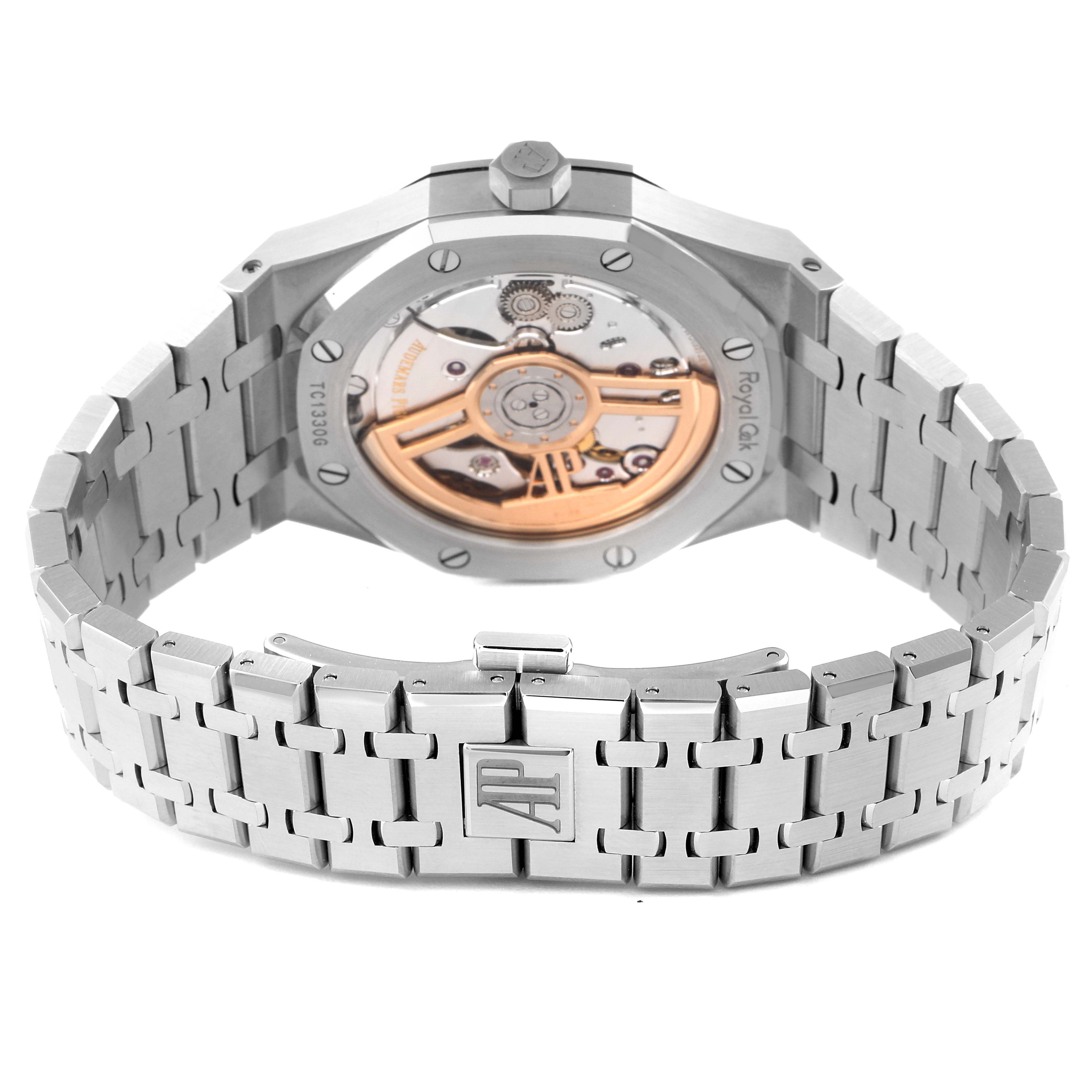 This image shows the back view of an Audemars Piguet Royal Oak 15500ST.OO.1220ST.03 Men's Stainless Steel Black Dial 15500ST.OO.1220ST.03 Men's Stainless Steel Black Dial watch, highlighting the case back and integrated bracelet.