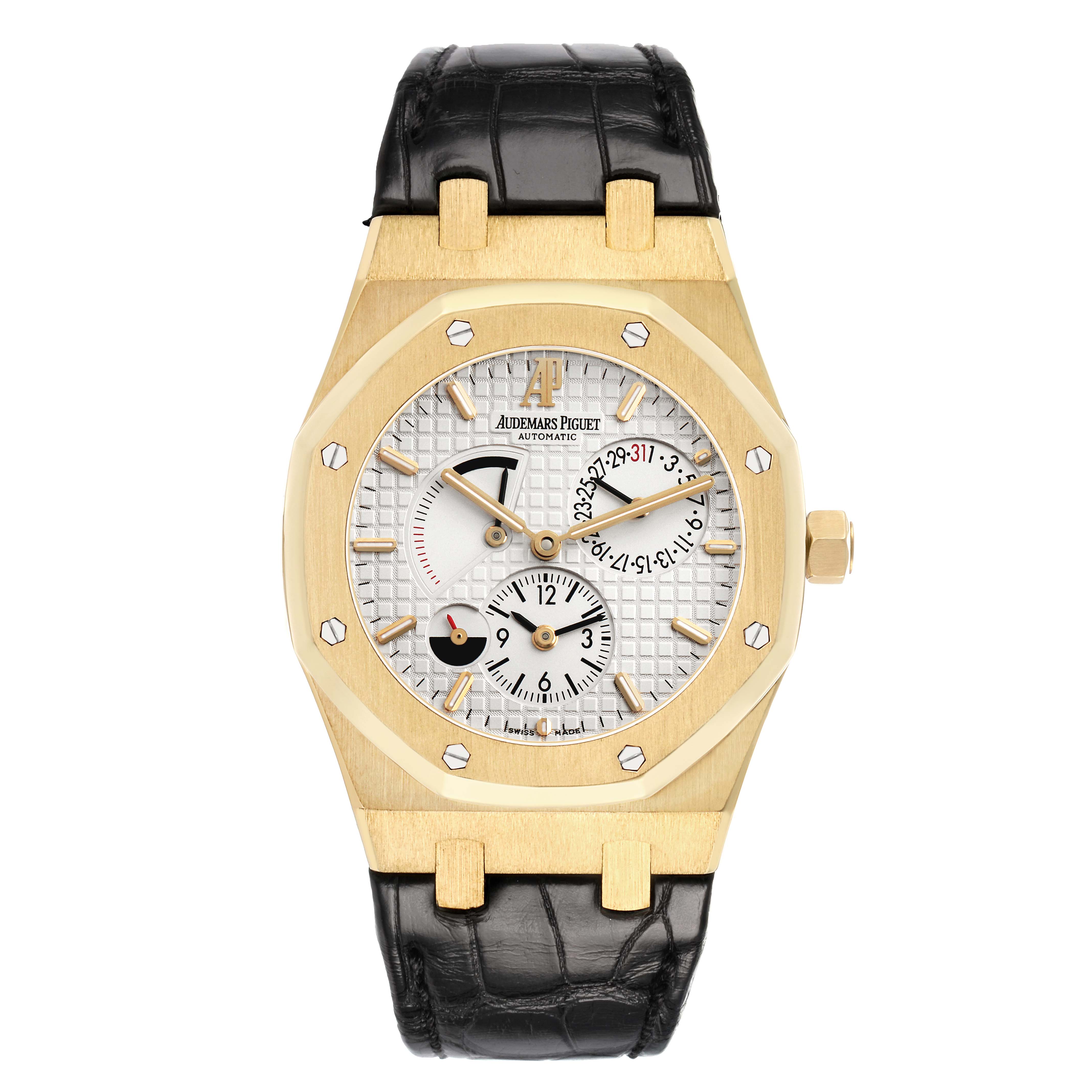 The Audemars Piguet Royal Oak 26120BA Men's Yellow Gold Silver Dial watch is shown from the front, displaying the dial, hands, subdials, and leather strap.