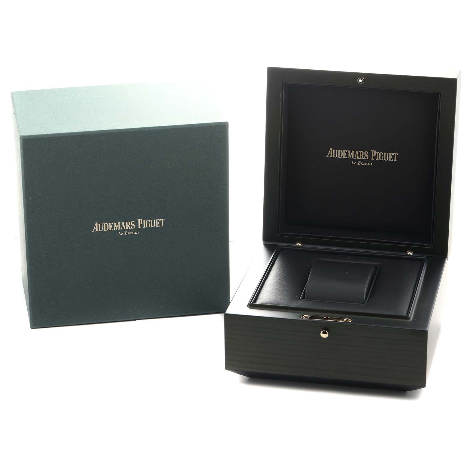 The image shows the open presentation box and outer box for the Audemars Piguet Royal Oak 26120BA Men's Yellow Gold Silver Dial watch.