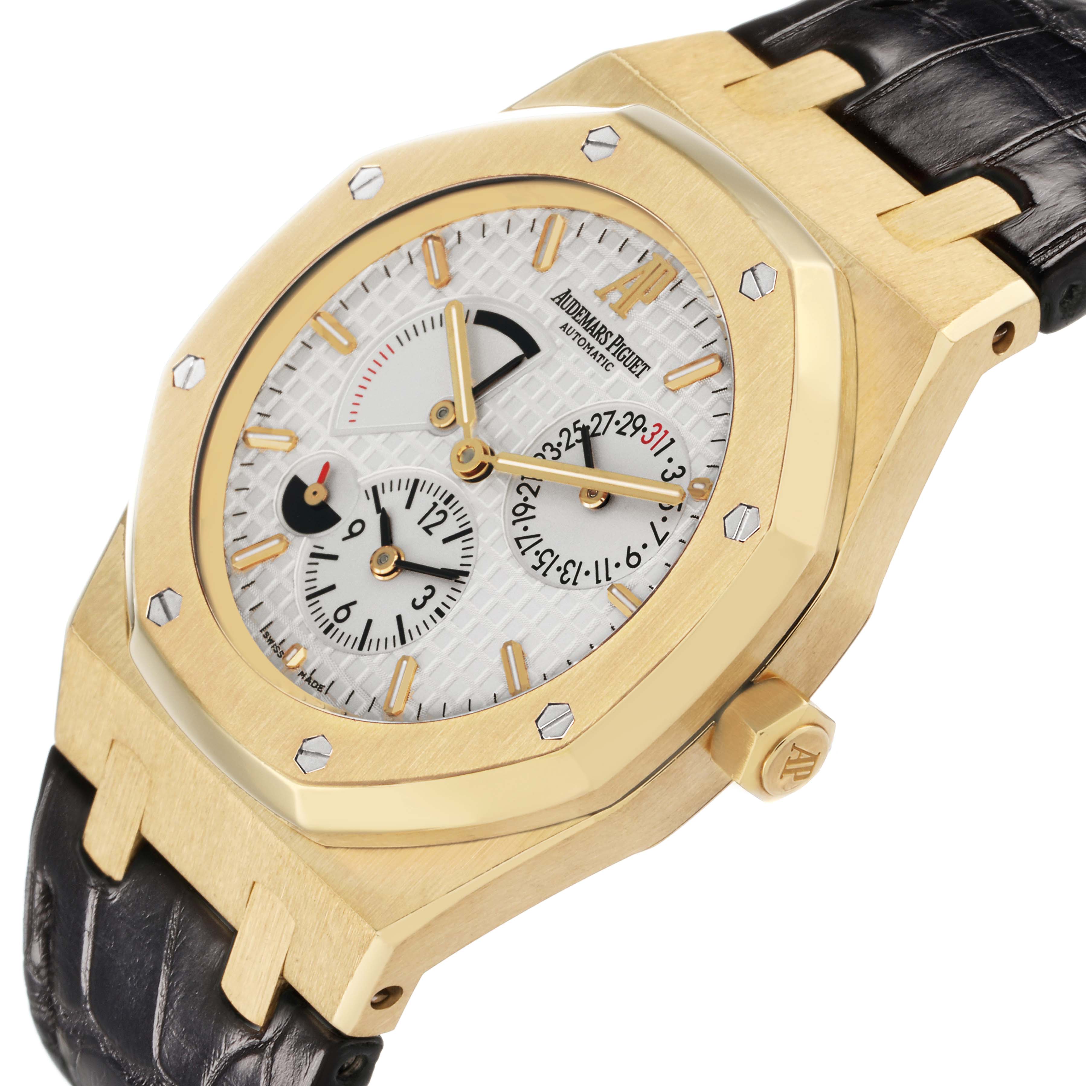 The Royal Oak by Audemars Piguet is shown in a slightly angled side view, highlighting the dial, bezel, and strap connection.