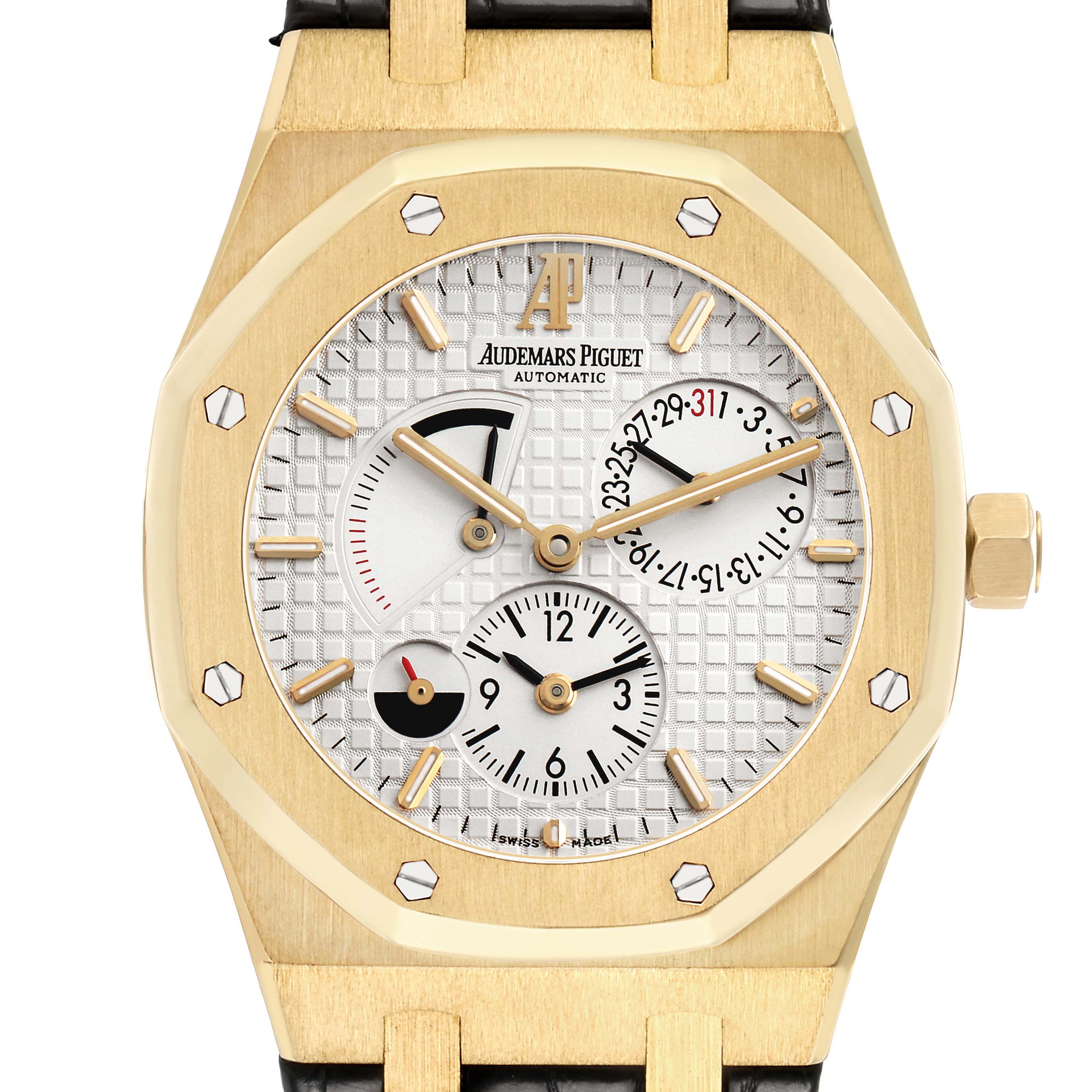 The Audemars Piguet Royal Oak 26120BA Men's Yellow Gold Silver Dial watch is shown from the front, highlighting its dials and octagonal bezel.