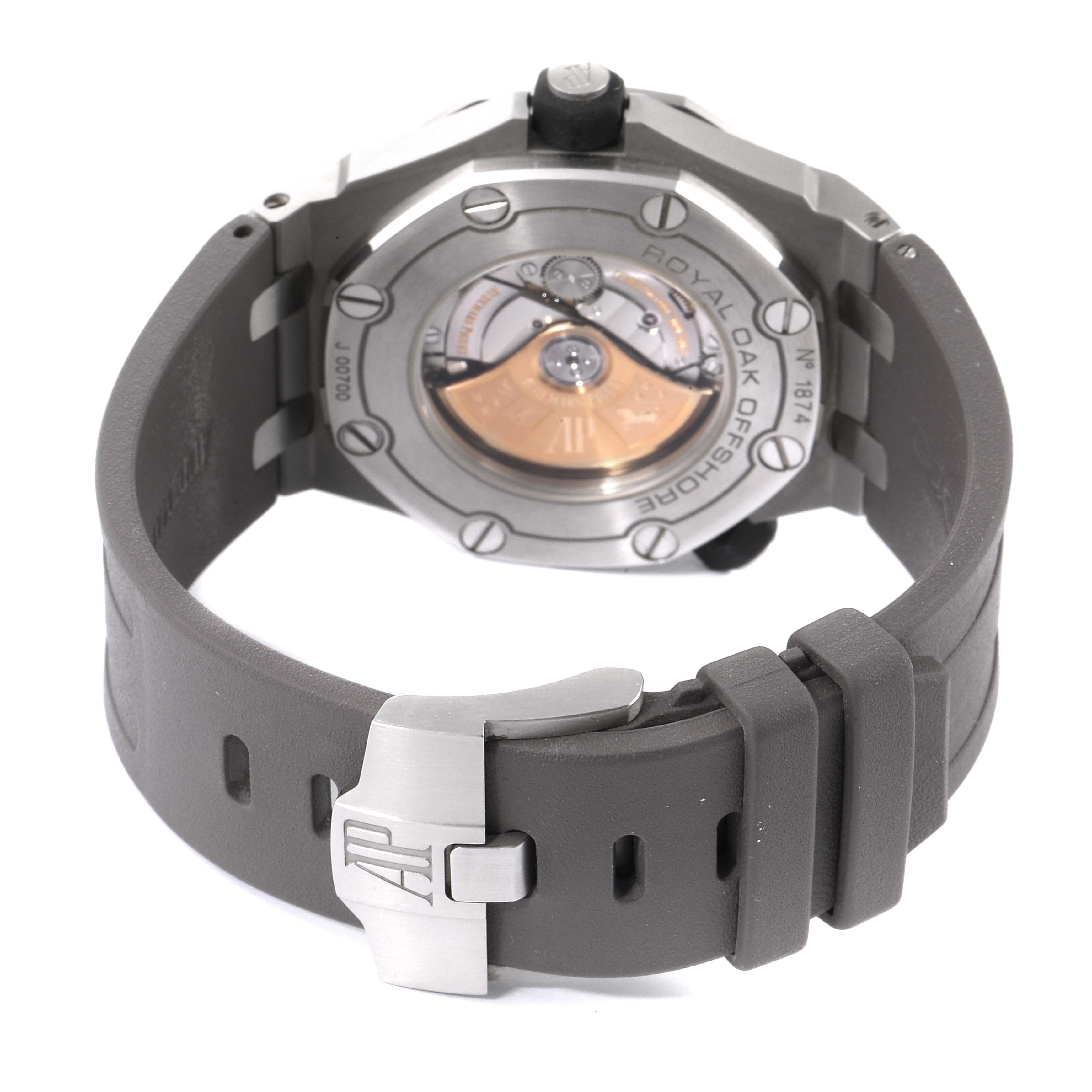 The image shows the back view of an Audemars Piguet Royal Oak Offshore 15710ST.00.A002CA.02 Men's Stainless Steel White Dial 15710ST.00.A002CA.02 Men's Stainless Steel White Dial watch, highlighting its caseback and strap clasp.