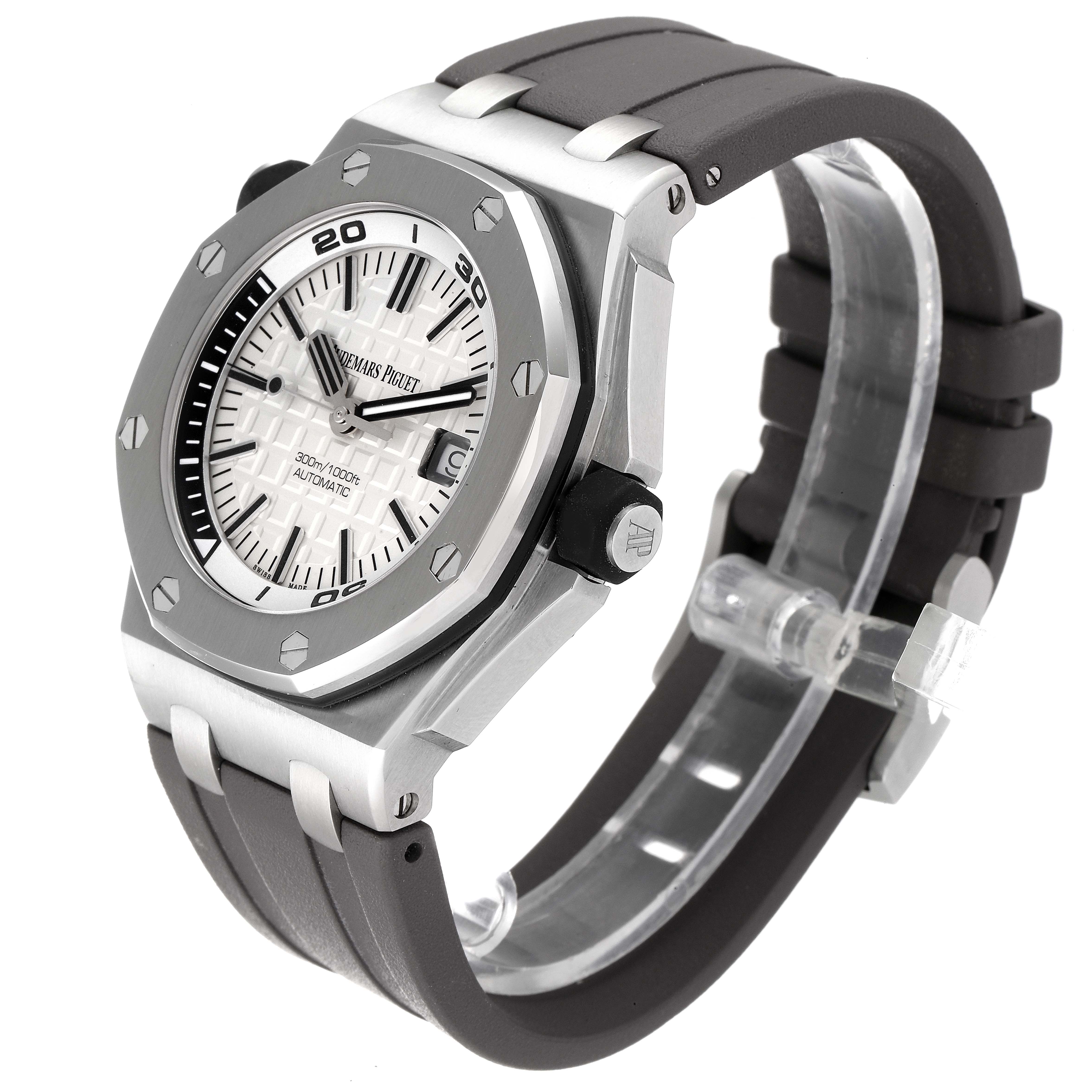 This image shows a Royal Oak Offshore model by Audemars Piguet from a three-quarter angle, highlighting its face, bezel, and strap.