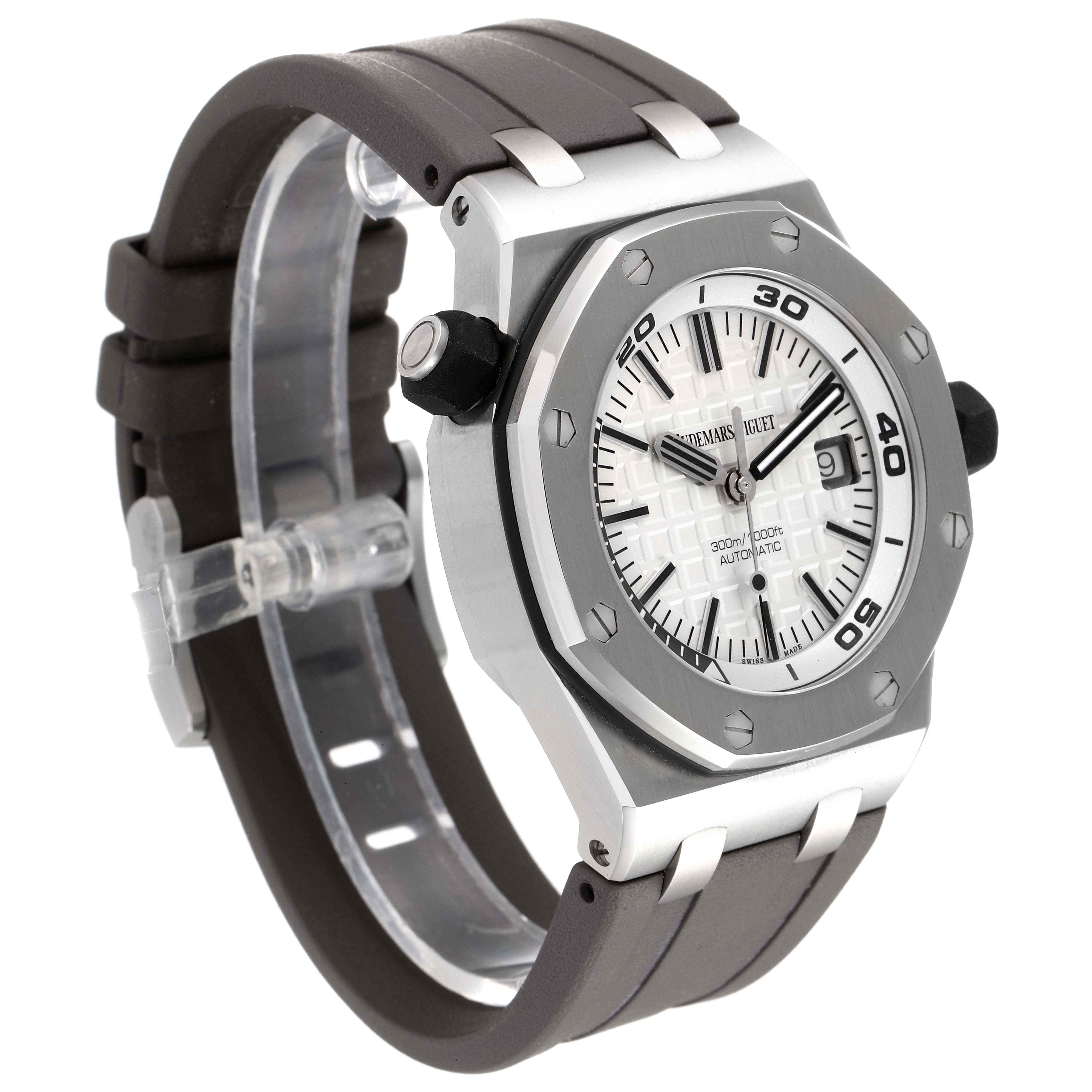 This image shows a side and front view of the Audemars Piguet Royal Oak Offshore 15710ST.00.A002CA.02 Men's Stainless Steel White Dial 15710ST.00.A002CA.02 Men's Stainless Steel White Dial model watch with a white dial and black strap.