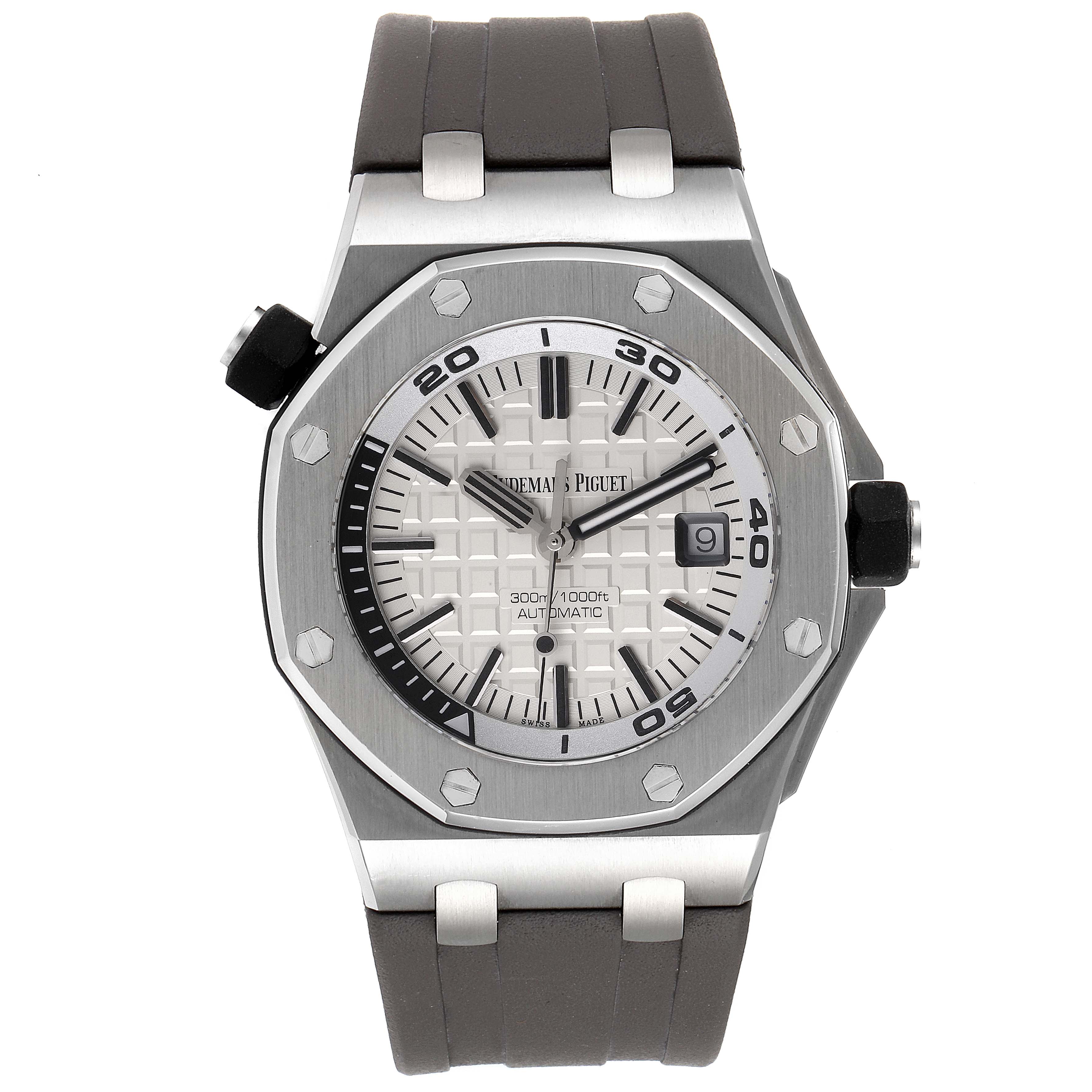 The image shows a front view of the Audemars Piguet Royal Oak Offshore 15710ST.00.A002CA.02 Men's Stainless Steel White Dial 15710ST.00.A002CA.02 Men's Stainless Steel White Dial watch, highlighting its dial, bezel, and strap.