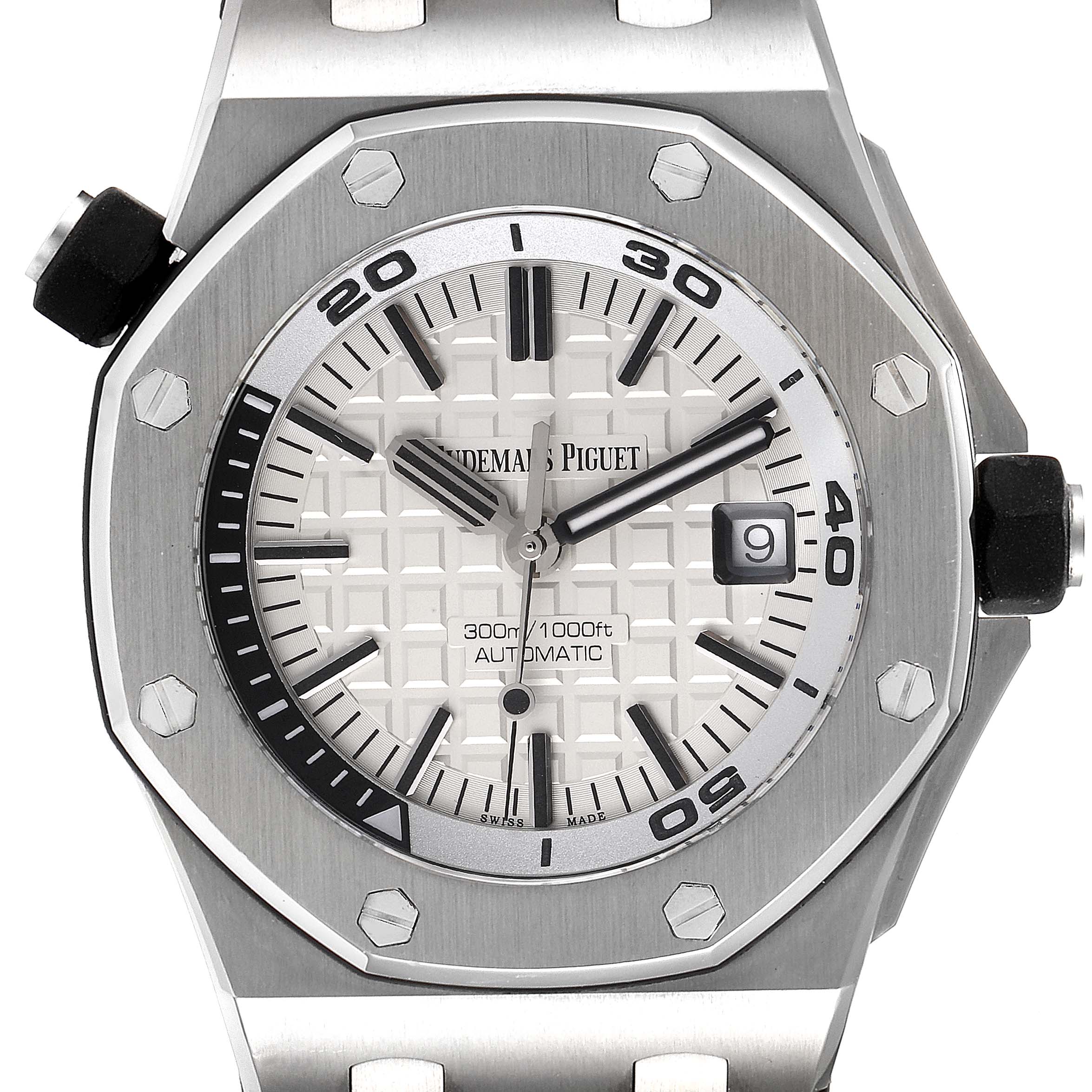 This image shows the front view of the Audemars Piguet Royal Oak Offshore 15710ST.00.A002CA.02 Men's Stainless Steel White Dial 15710ST.00.A002CA.02 Men's Stainless Steel White Dial watch, highlighting its dial, bezel, and part of its strap.