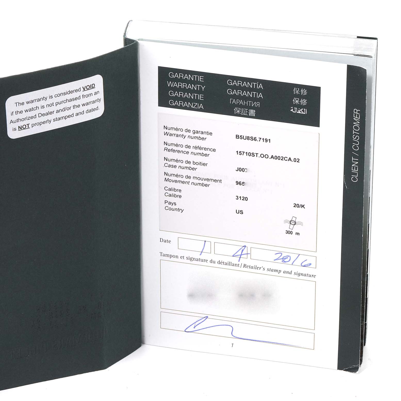 The image shows the warranty card and booklet for an Audemars Piguet Royal Oak Offshore 15710ST.00.A002CA.02 Men's Stainless Steel White Dial 15710ST.00.A002CA.02 Men's Stainless Steel White Dial watch at an open angle.