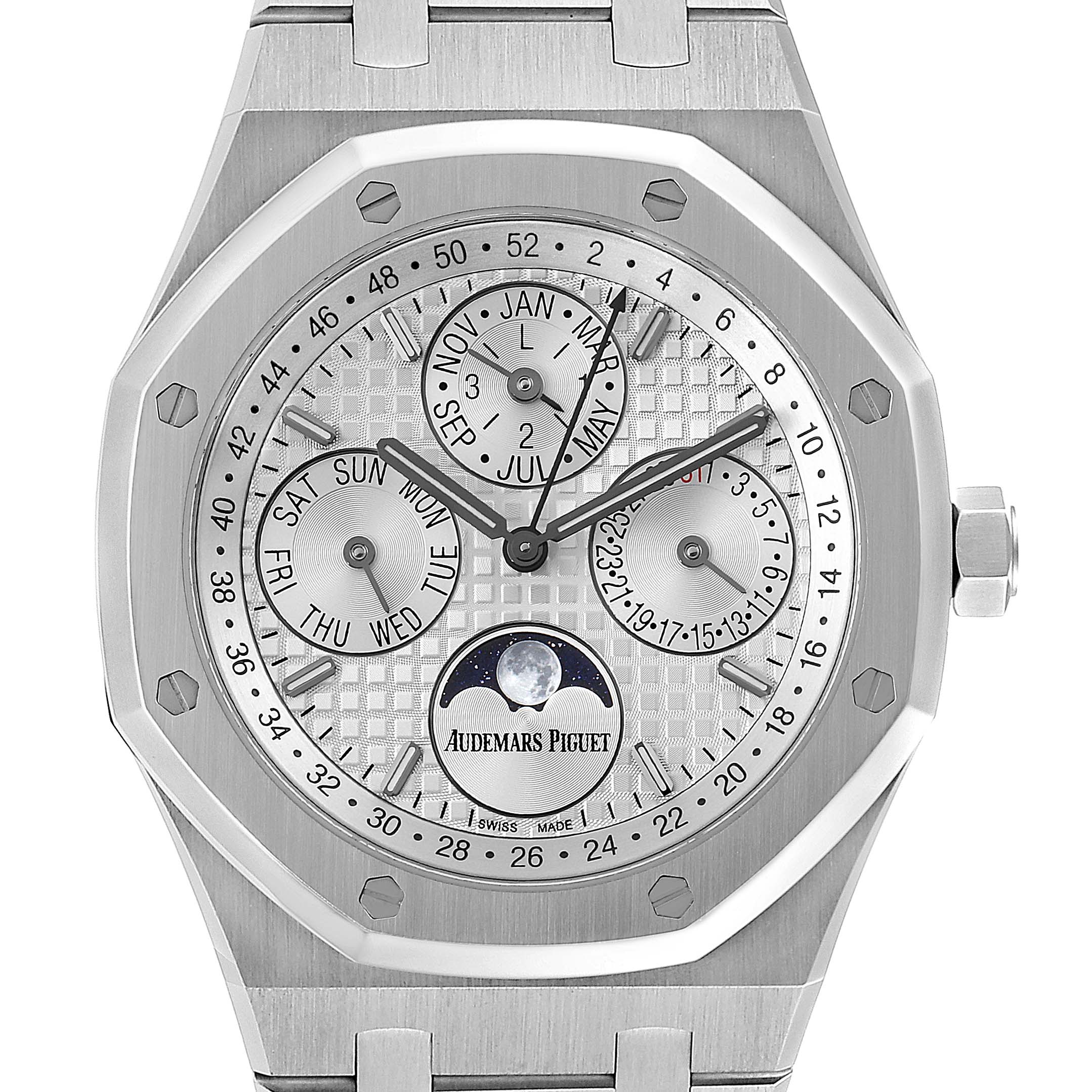 This Royal Oak model by Audemars Piguet is shown from a straight-on angle, displaying the dial, sub-dials, and moon phase indicator.