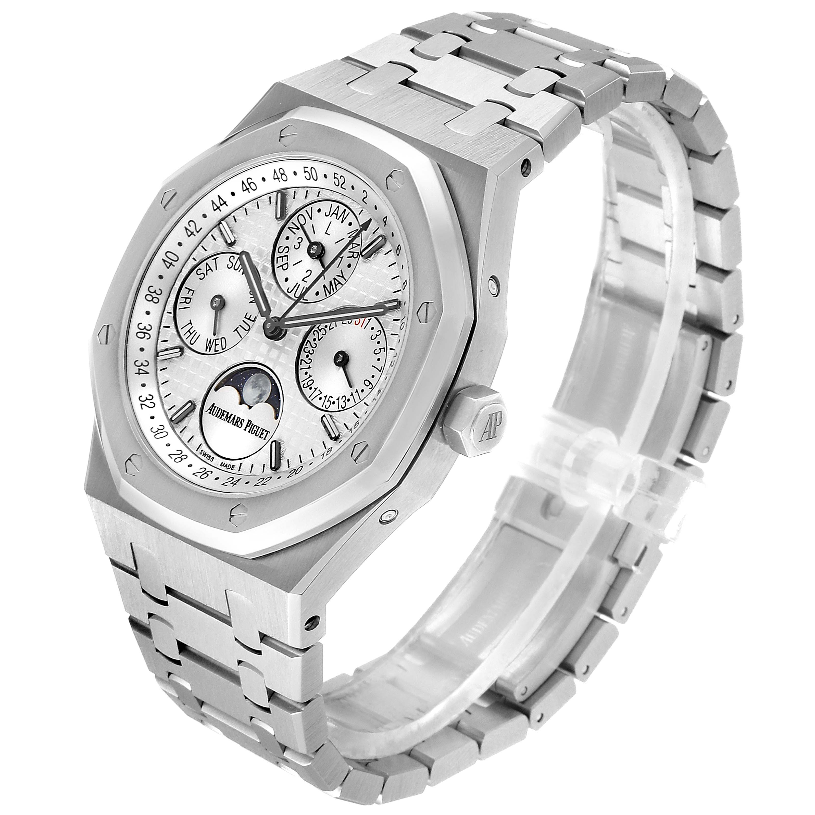 This image shows an angled side view of an Audemars Piguet Royal Oak 26574ST.OO.1220ST.01 Men's Stainless Steel Silver Dial 26574ST.OO.1220ST.01 Men's Stainless Steel Silver Dial watch displaying its face, bezel, and bracelet.