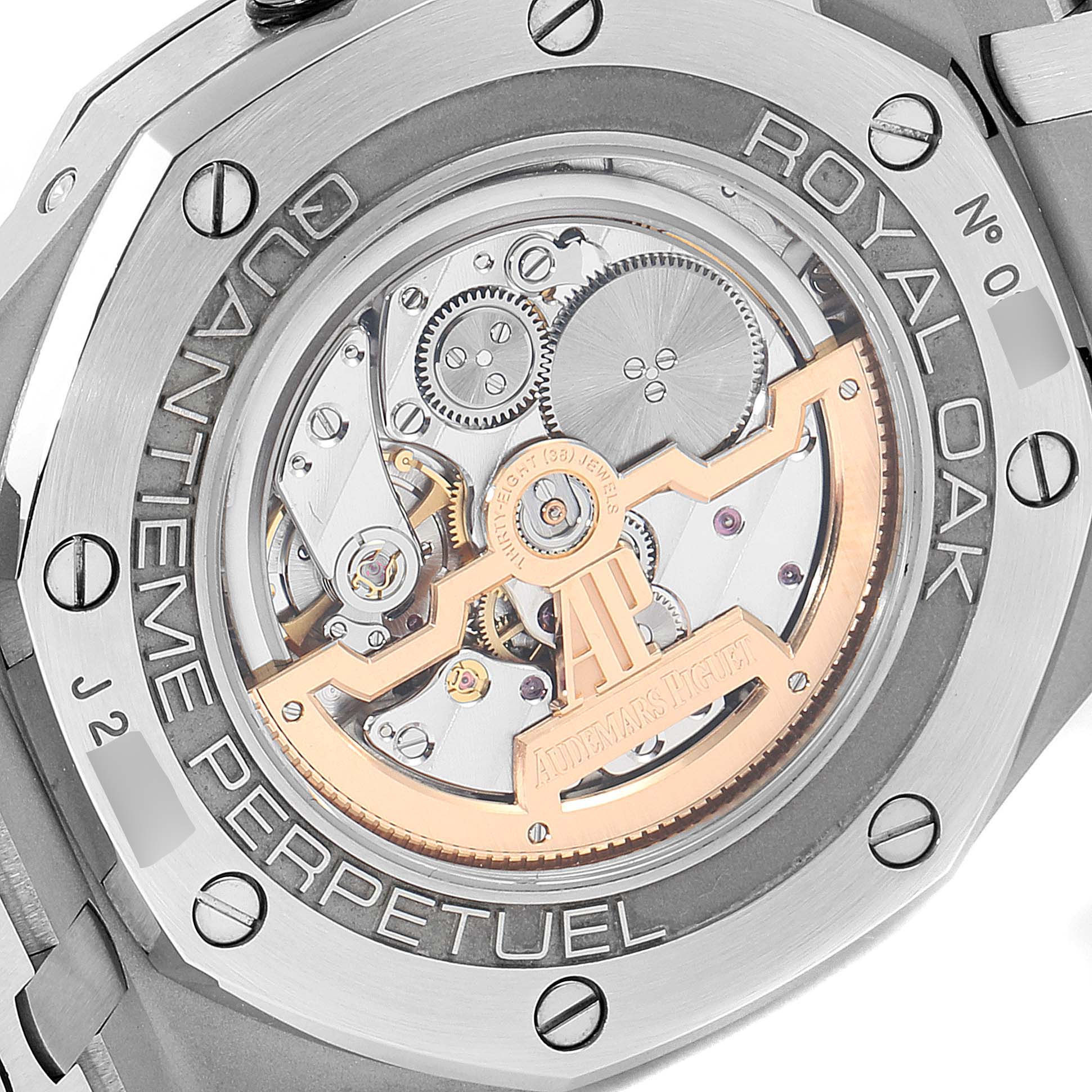 The image shows the caseback of the Audemars Piguet Royal Oak 26574ST.OO.1220ST.01 Men's Stainless Steel Silver Dial 26574ST.OO.1220ST.01 Men's Stainless Steel Silver Dial watch, displaying its internal mechanical movement.