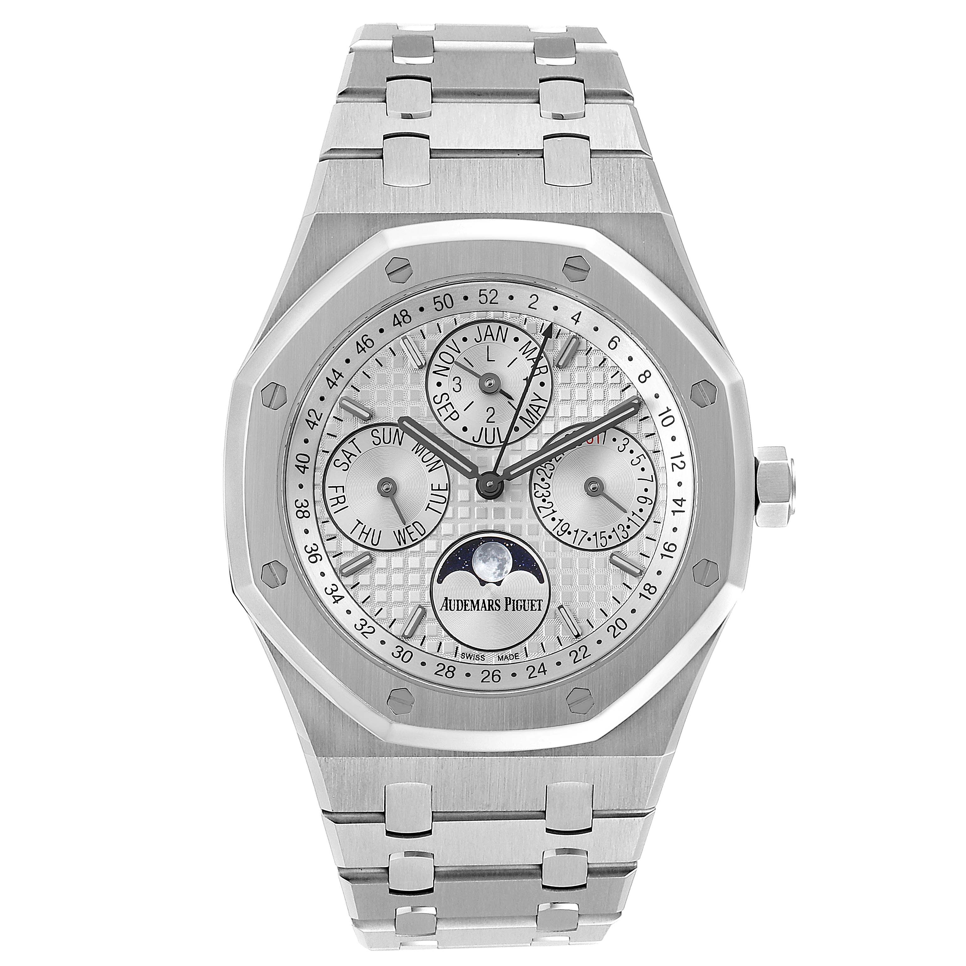 This image shows a frontal view of the Audemars Piguet Royal Oak 26574ST.OO.1220ST.01 Men's Stainless Steel Silver Dial 26574ST.OO.1220ST.01 Men's Stainless Steel Silver Dial watch, highlighting its dial, subdials, and part of the bracelet.