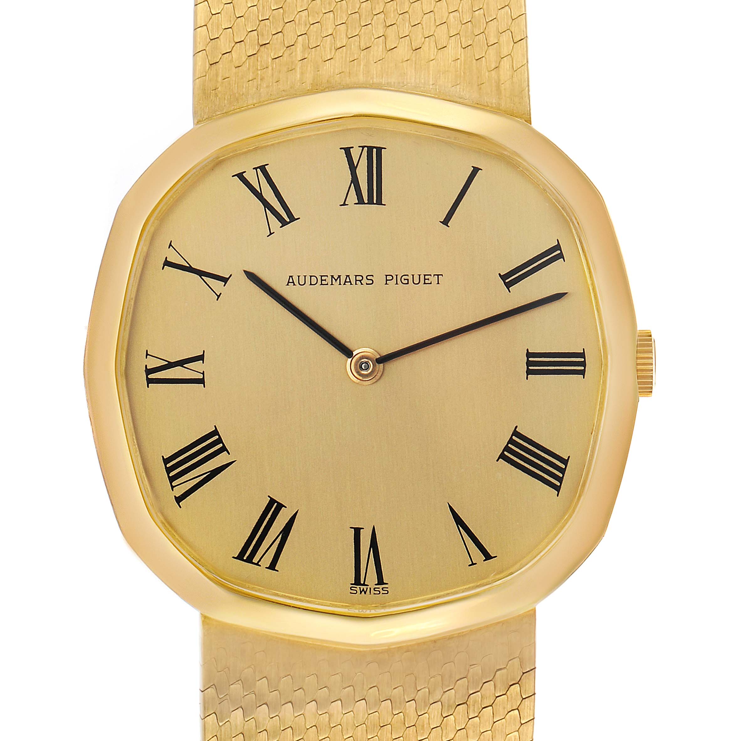 The Audemars Piguet vintage watch is shown from a frontal angle, displaying the dial, case, and part of the bracelet.