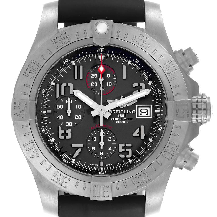 The image shows a frontal view of the Breitling Avenger watch, highlighting its dial, bezel, and crown.