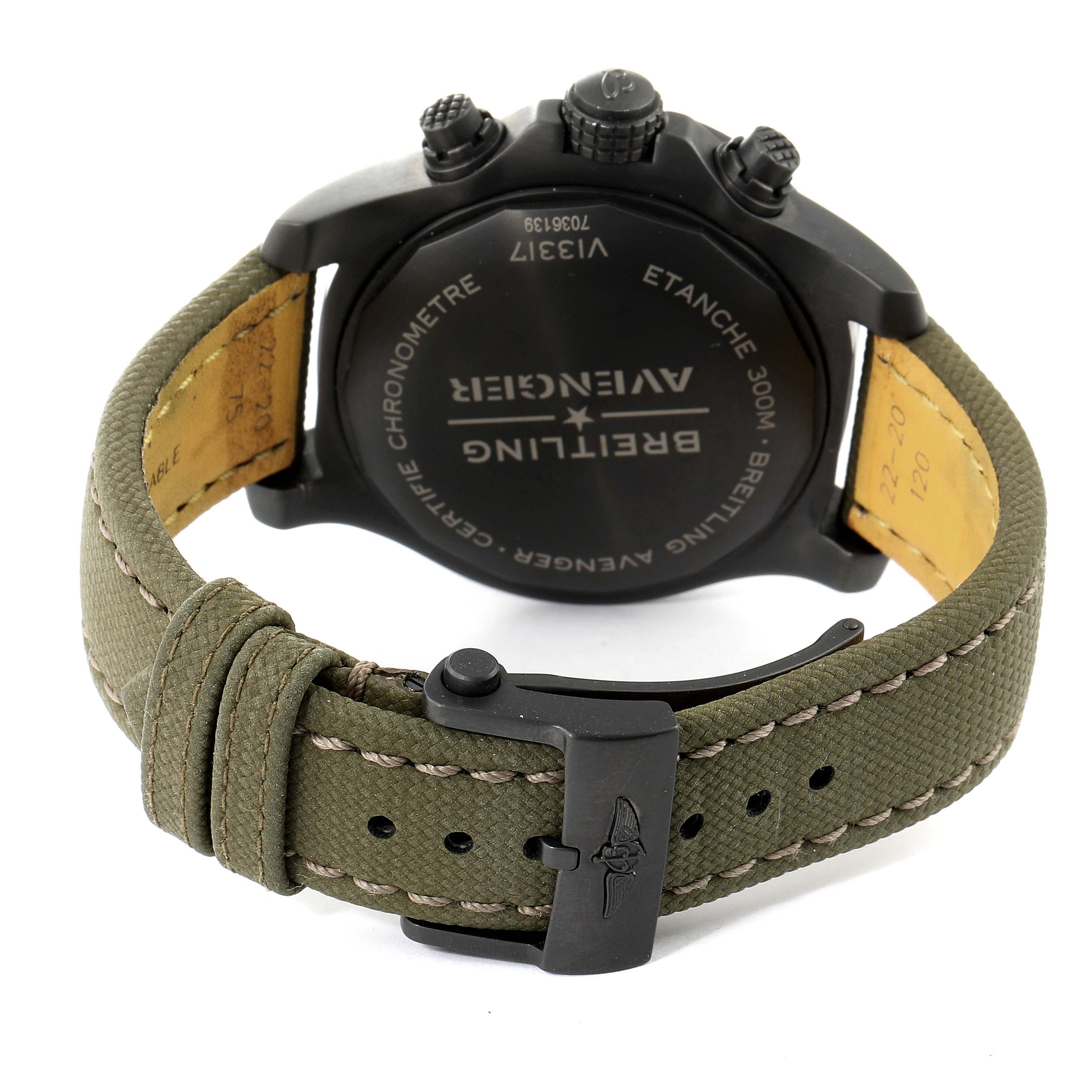 The image shows the back view of a Breitling Avenger V13317101L1X2 Men's Titanium Green Dial V13317101L1X2 Men's Titanium Green Dial watch, highlighting its back case, green strap, and buckle.