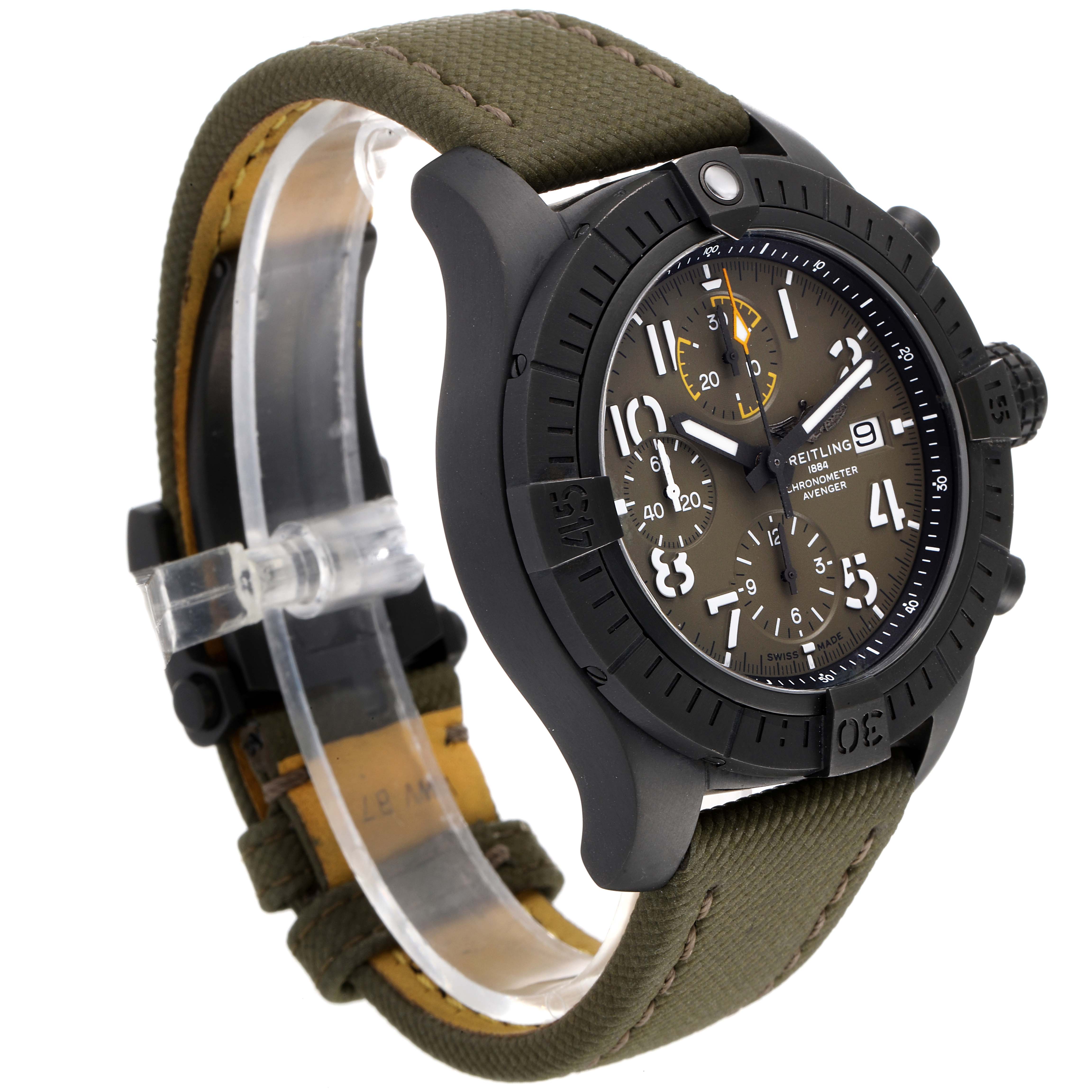 The image shows a side-angle view of a Breitling Avenger V13317101L1X2 Men's Titanium Green Dial V13317101L1X2 Men's Titanium Green Dial watch, highlighting its black case, khaki strap, and multi-function dial.