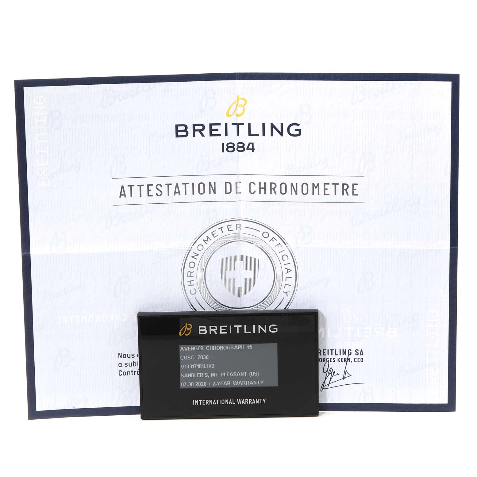 The image shows the warranty card and certificate for a Breitling Avenger V13317101L1X2 Men's Titanium Green Dial V13317101L1X2 Men's Titanium Green Dial Chronograph 45 watch.