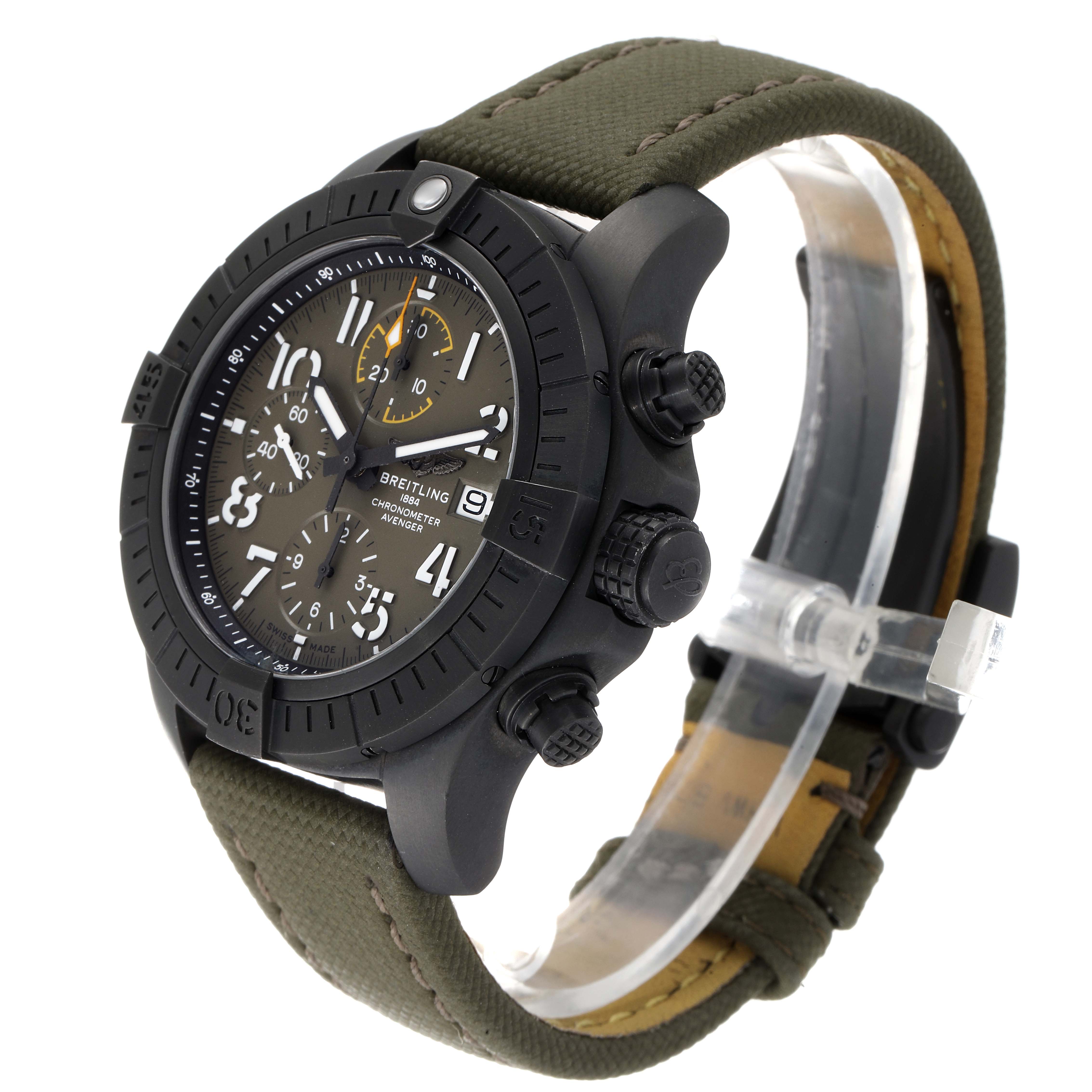 This Breitling Avenger V13317101L1X2 Men's Titanium Green Dial V13317101L1X2 Men's Titanium Green Dial watch is shown at a three-quarter angle highlighting the strap, crown, chronograph pushers, and dial.